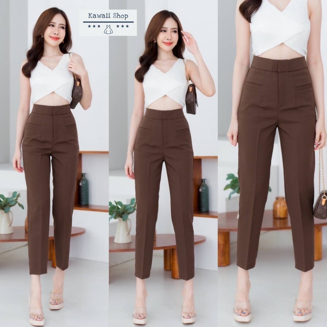 กางเกง9ส่วน ทรงขากระบอกเล็ก ดีเทลกระเป๋าเจาะ ติดตะขอ ซิปหน้า ผ้าไมโคร ใส่สบาย : สินค้าคุณภาพ (พร้อมส่ง)