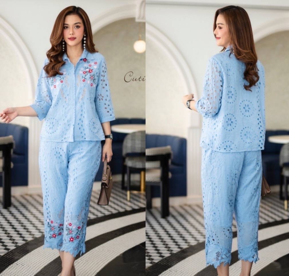 ชุดเซ็ทผ้าป่านปักฉลุ ปักดอกไม้ที่เสื้อและกางเกง เสื้อ-กางเกงมีซับใน ใส่สบาย : สินค้าคุณภาพ (พร้อมส่ง)
