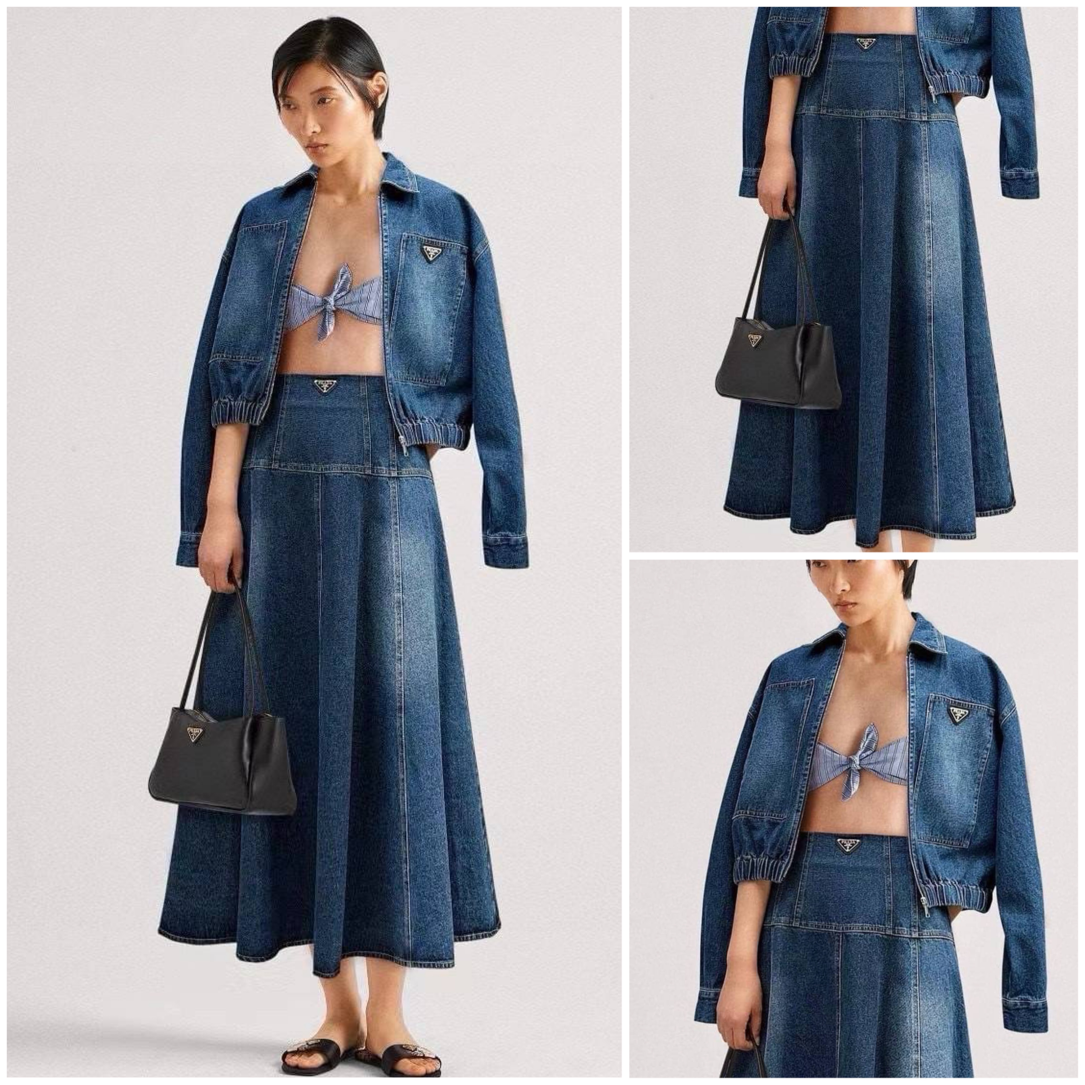 Set Jacket ยีนส์แขนยาวเอวจั๊มแต่งโลโก้แบรนด์ + กระโปรงยีนยาว PRADA : สินค้าคุณภาพ (พร้อมส่ง)