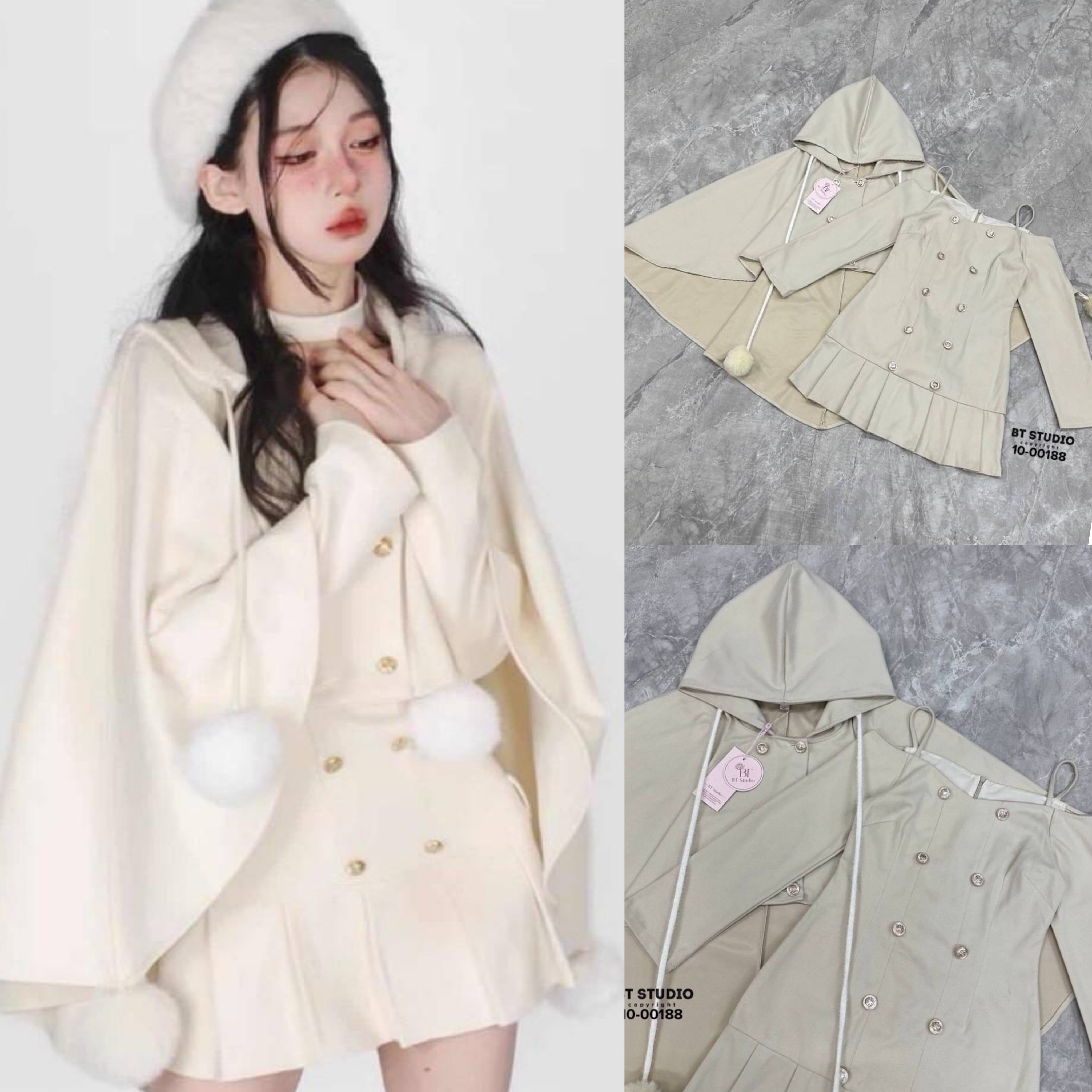 เซท 2 ชิ้น เสื้อคลุมแต่งฮูดกระดุมหน้า หน้าสั้นหลังยาว แมทซ์กับเดรสสายเดี่ยวปาดไหล่แต่งแขนยาว สินค้าคุณภาพ (พร้อมส่ง)