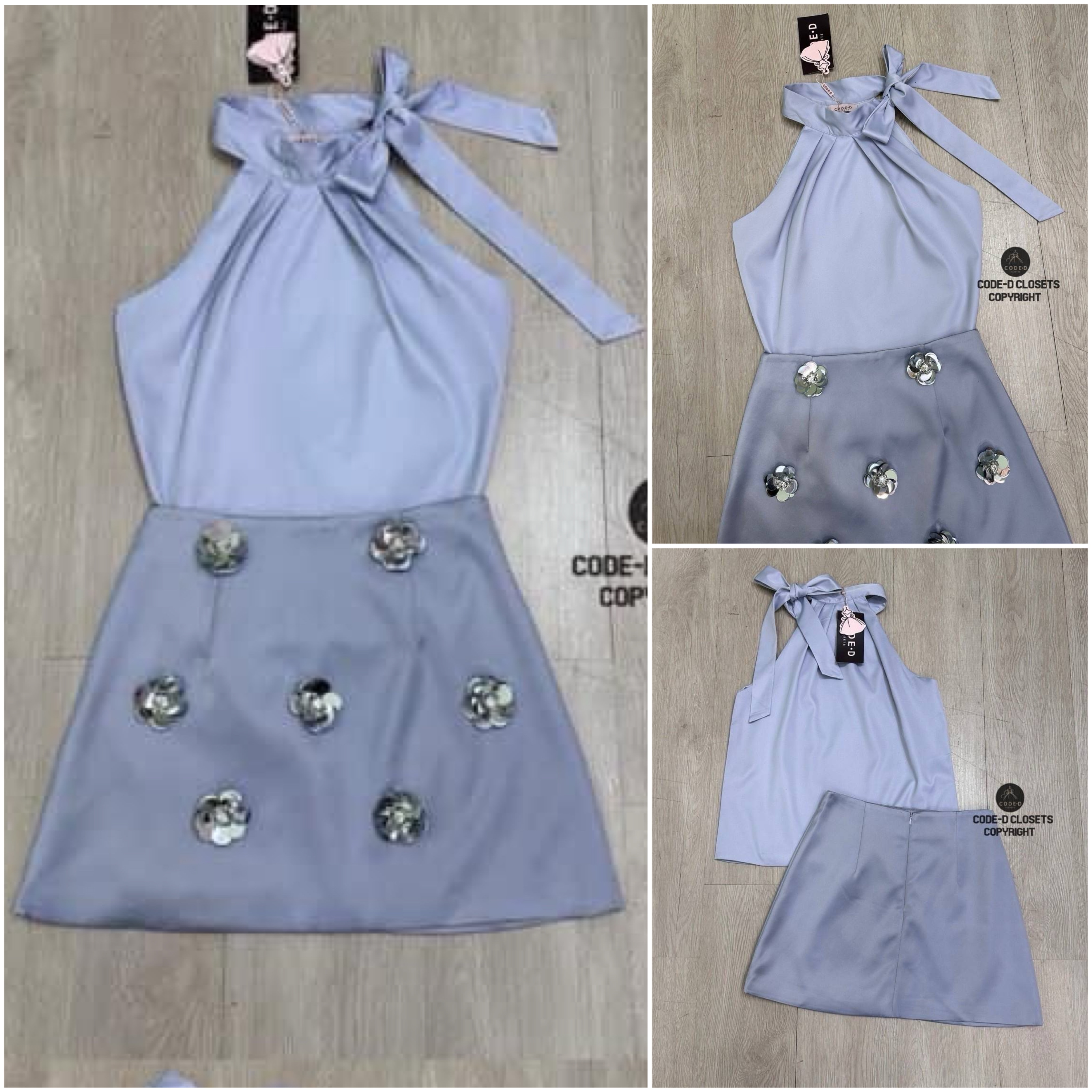 Set 2 ชิ้นสีเทา ตัวเสื้อคอปีนแขนกุด ช่วงคอจับจีบผูกโบว์คอ ตัวเสื้อทรงปล่อยผ้าลื่น มันวาว ทรงสวมหัว(ไม่มีซิป)+กระโปรงสั้นเอวสูง ใส่สบาย : สินค้าคุณภาพ (พร้อมส่ง)