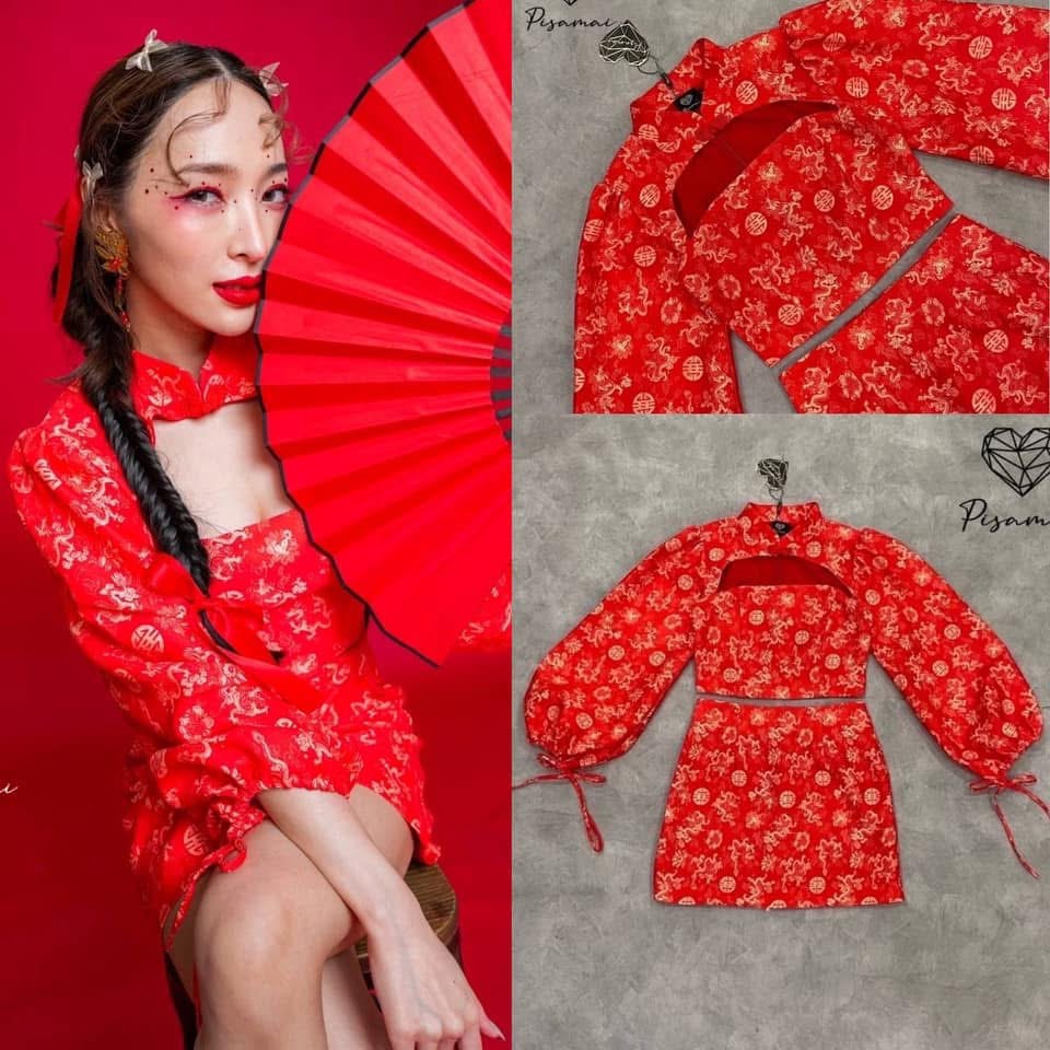 กี่เพ้า เซ็ตกี่เพ้าเว้าอกแขนบอลลูน มาคู่ กับกระโปรงสอบตัวสั้น ราชนิกูลมากๆค่ารุ่นนี้ ใส่สบาย : สินค้าคุณภาพ (พร้อมส่ง)