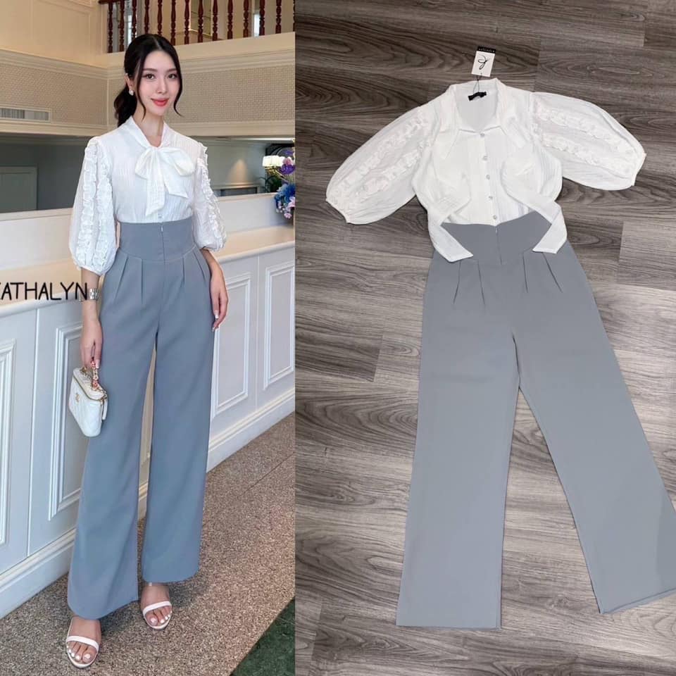 Set เสื้อคอปกแต่งเป็นผ้าห้อยลงมาหรือผูกโบว์ตรงกลางคอเสื้อก็ได้ แขนทรงบอลลูนใหญ่ เสื้อทรงปล่อยใส่แบบสบายสีสวยสะอาดตา แมทช์คู่กับกางเกงขายาว เอวสูงทรงสวย ใส่สบาย : สินค้าคุณภาพ (พร้อมส่ง)