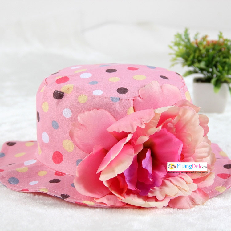 หมวกปีกเด็กหญิงลายจุด ติดดอกไม้ใหญ่ สำหรับเด็กวัย 2-5 ขวบ