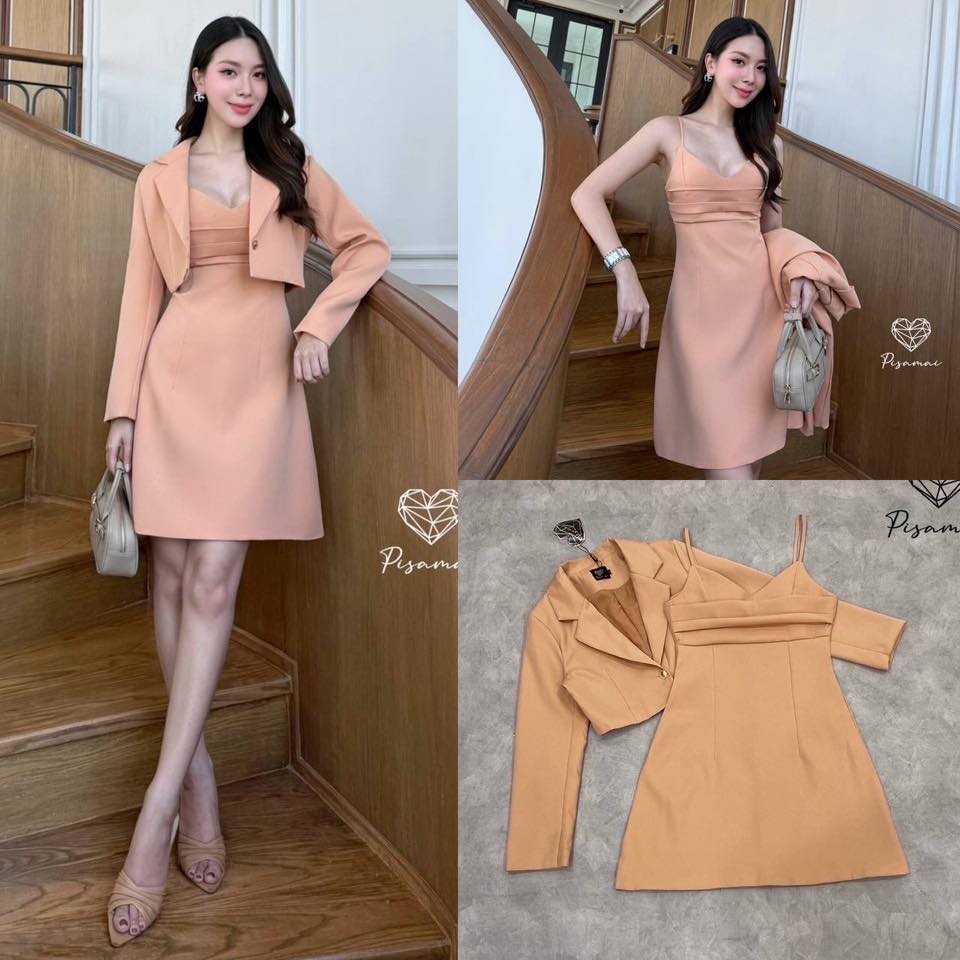 เซ็ตเสื้อสูทเบเซอรสีส้มตัวสั้น มาคู่กับเดรสสายเดี่ยว ใส่สบาย : สินค้าคุณภาพ (พร้อมส่ง)