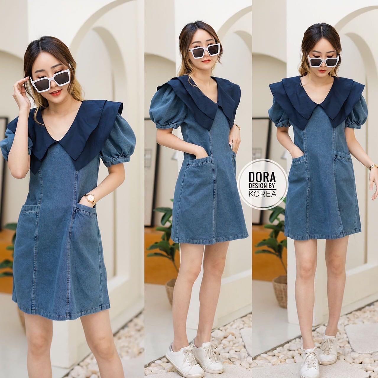 เดรสยีนคอระบาย แขนจั้มเบาๆ มีซิบหลังคอเสื้อแต่งระบาย 2 ชั้น มีกระเป๋าด้าน 2 ข้าง สินค้าคุณภาพ (พร้อมส่ง)