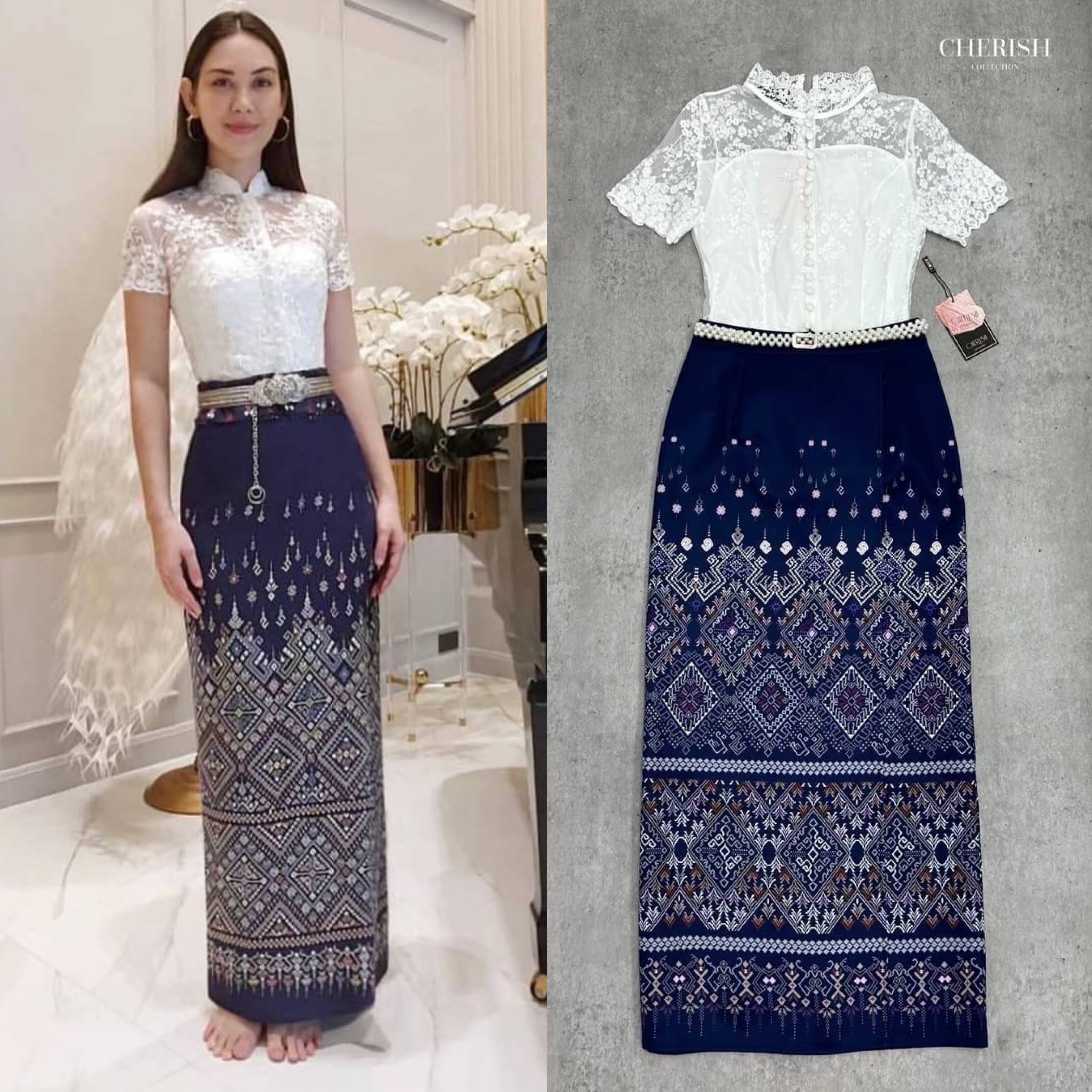 ชุดไทย เซ็ตงานบุญ 3 ชิ้น เสื้อลูกไม้เนื้อผ้าฝรั่งเศสเสริมซับในอย่างดี ใส่คู่ผ้าถุงสำเร็จเนื้อผ้าใส่สบาย จัดเข็มขัดมุกเกรดดีมาให้ครบเซ็ต สินค้าคุณภาพ (พร้อมส่ง)