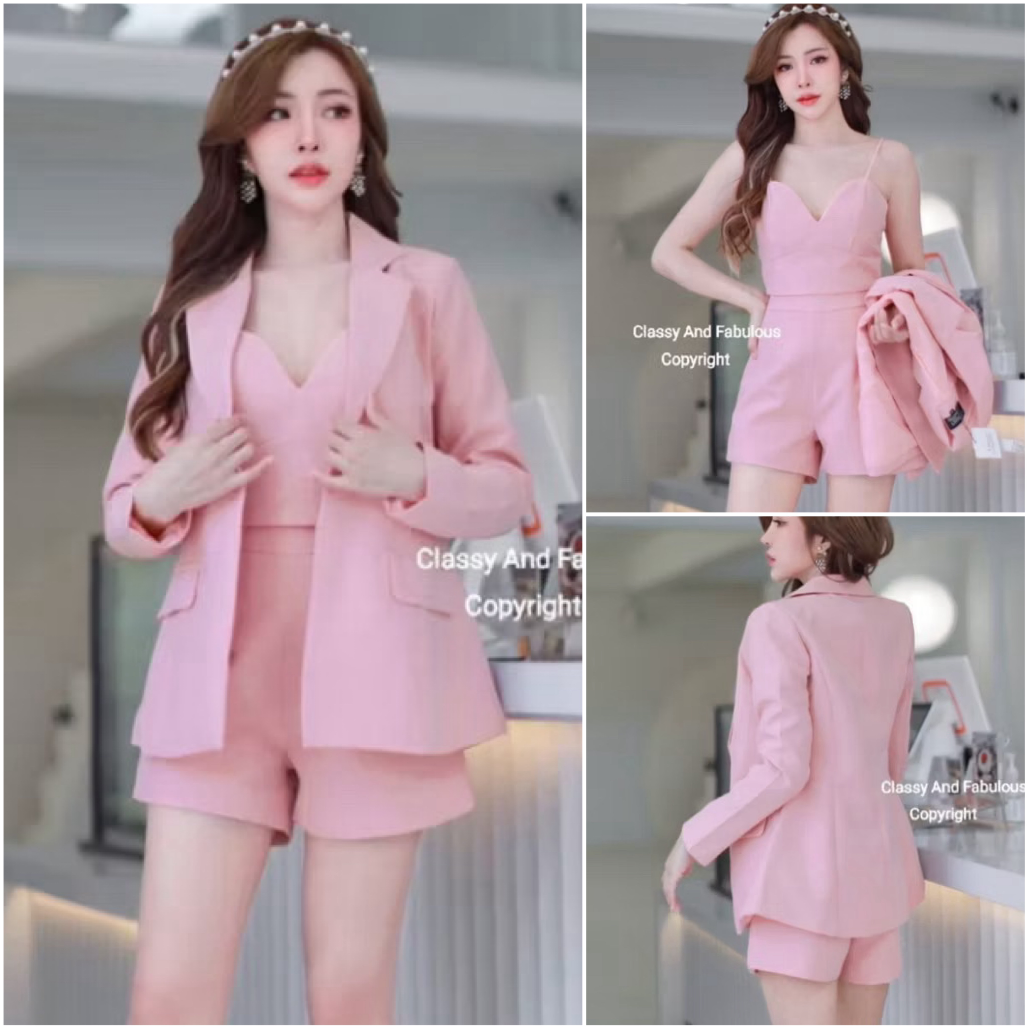 set sutiขาสั้น เสื้อสูทนอกคอสูทแขนยาว มีกระเป๋าล้วงได้จริงทั้ง2ข้าง มีเสื้อครอปสายเดียวไม่เอวลอยพอดีขอบกางเกง มาพร้อมกางเกงขาสั้น ใส่สบาย : สินค้าคุณภาพ (พร้อมส่ง)