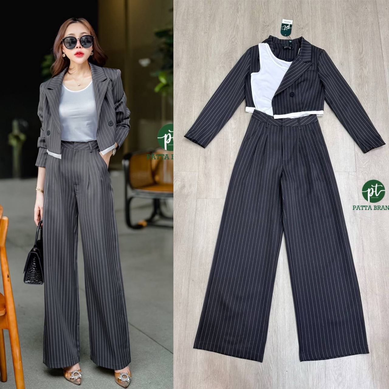 setสูท3ชิ้น สีเทาลายทาง เสื้อสูทตัวสั้นแขนยาว ดีไซน์เก๋ มีกระดุมหน้าดีเทลแต่งกุ๊นขาว มาพร้อมเสื้อกล้ามสีขาวด้านในผ้ายืดได้ และมาพร้อมกางเกงขายาวทรงกระบอก ใส่สบาย สินค้าคุณภาพ (พร้อมส่ง)