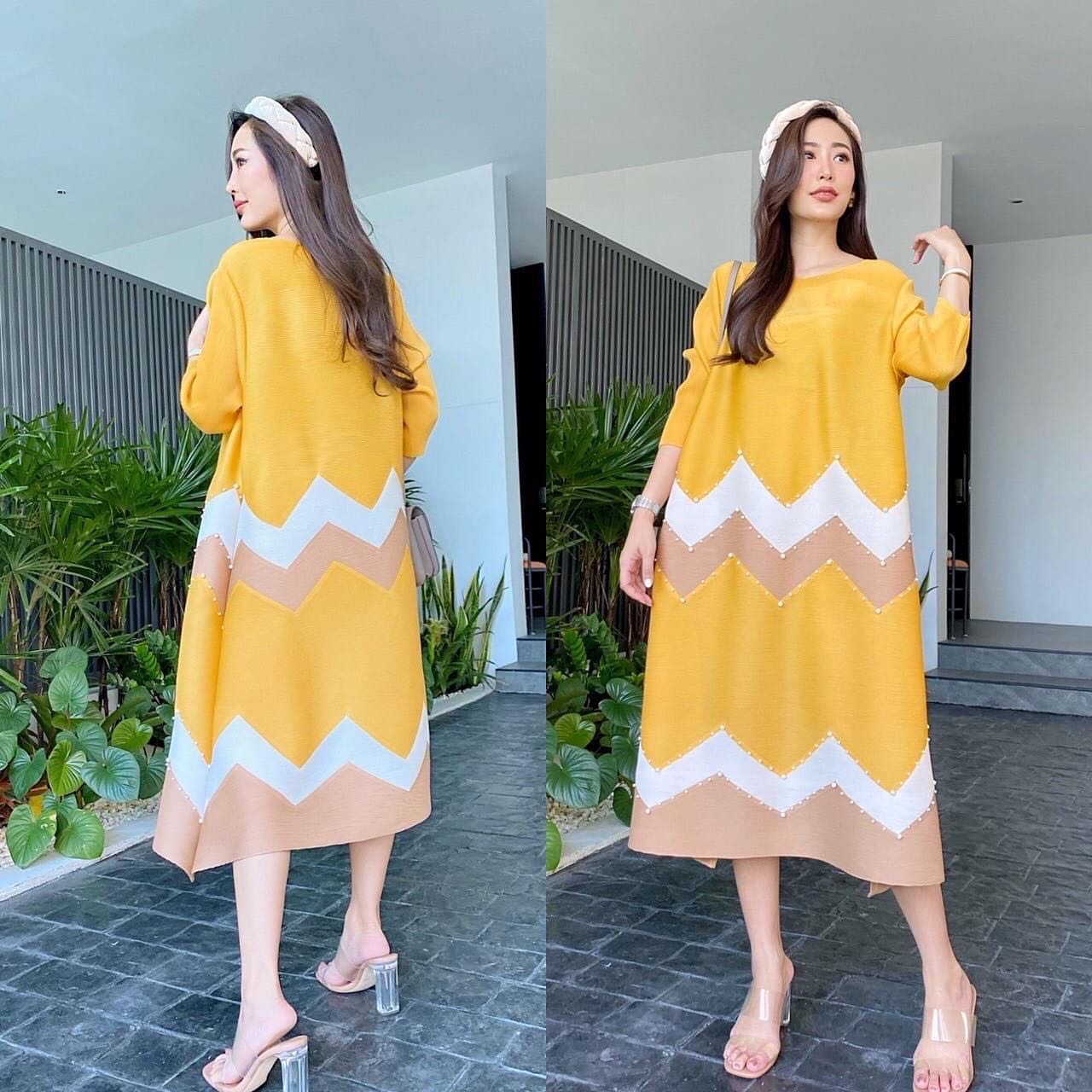 ชุดเดรส คอกลม แขน3 ส่วน แพตเทิร์นเฉลียง แขนพอง เรียบหรู ไฮโซววววว 👑 เนื้อผ้าพลีท เนื้อนุ่มเด้ง งานไล่เฉดสี และประดับมุก สินค้าคุณภาพ (พร้อมส่ง)