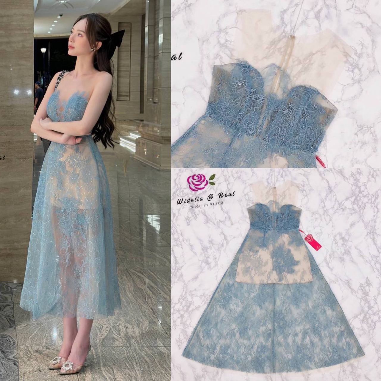 Dress :: เดรสยาวตัวสวยทรงเก๋ ตัวเดรสต่อชิ้นผ้าด้วยผ้าลูกไม้ทอเลื่อมเล็กๆวิบวับกระจายทั่วตัวชุด ท่อนล่างเดรสทรงเอบาน พร้อมซับด้านใน สินค้าคุณภาพ (พร้อมส่ง)