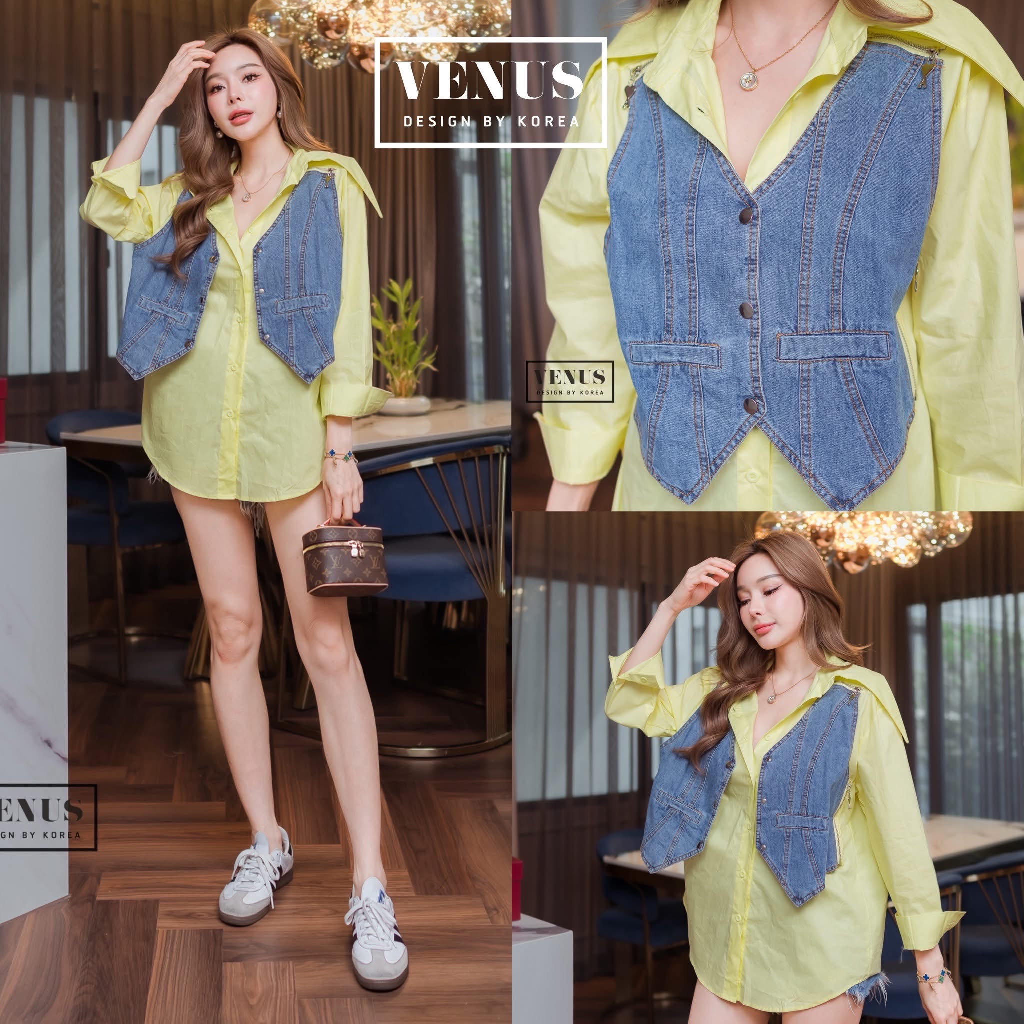 เสื้อเชิ๊ตทรงโอเวอร์ไซต์แต่งผ้ายีนคล้ายเสื้อกั๊กงานน่ารักมากๆนะคะ ดีเทลแต่งซิป หัวซิปแต่งสไตล์แบรนด์ดัง ใส่สบาย : สินค้าคุณภาพ (พร้อมส่ง)