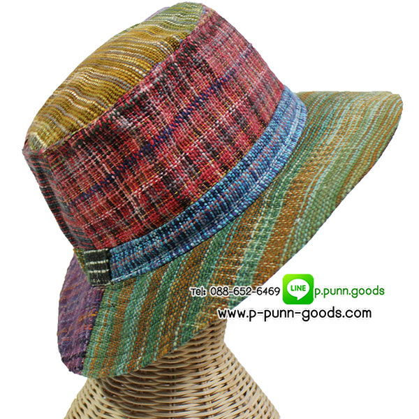 หมวกผ้าฝ้ายทอมือ สลับลาย หมวกทรงปานามา