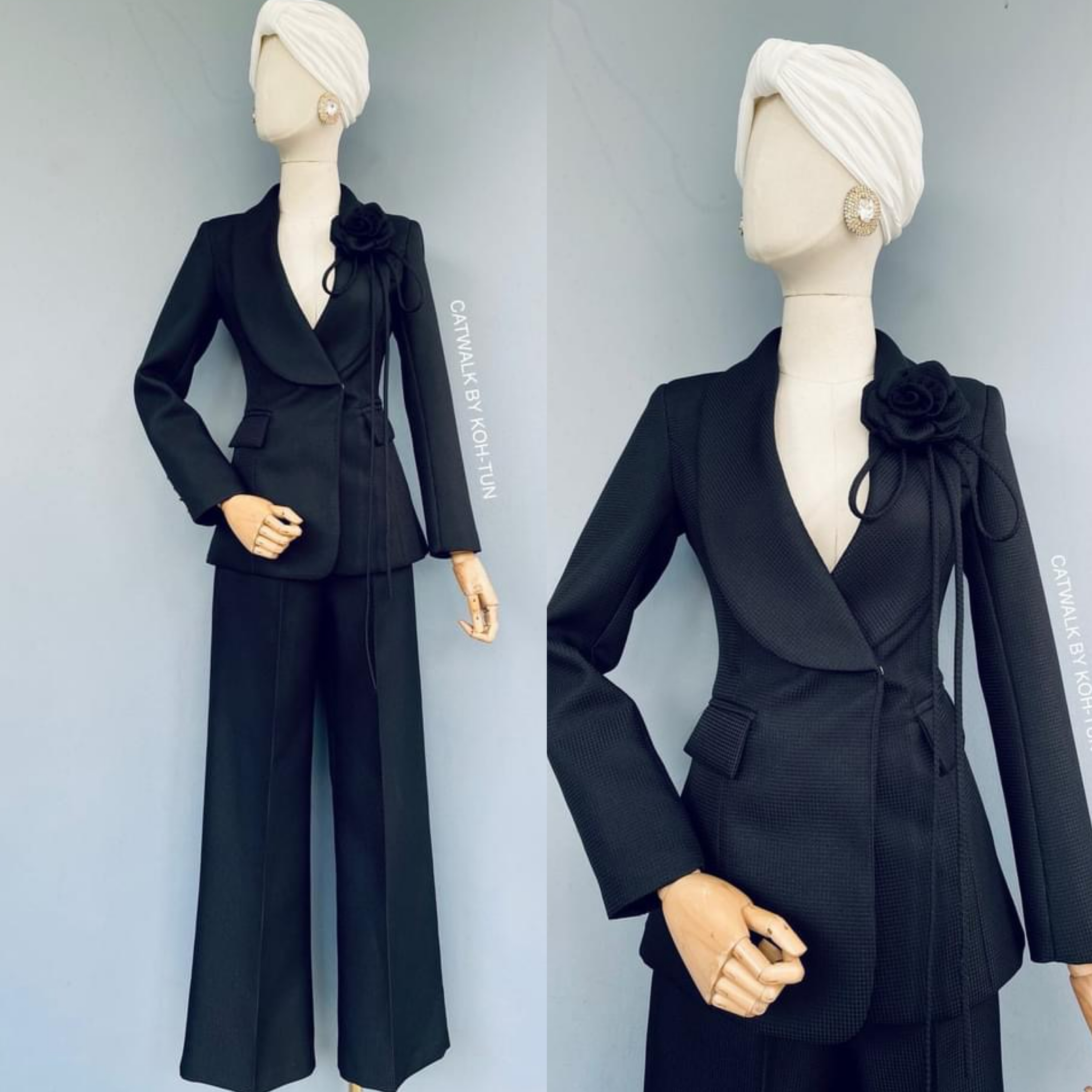 เซตBLAZERปกกล้วย+กางเกงขายาว+เข็มกลัดดอกไม้ เนื้อผ้าเกรดเอ เป็นผ้าทอมีลายในตัว สินค้าคุณภาพ (พร้อมส่ง)