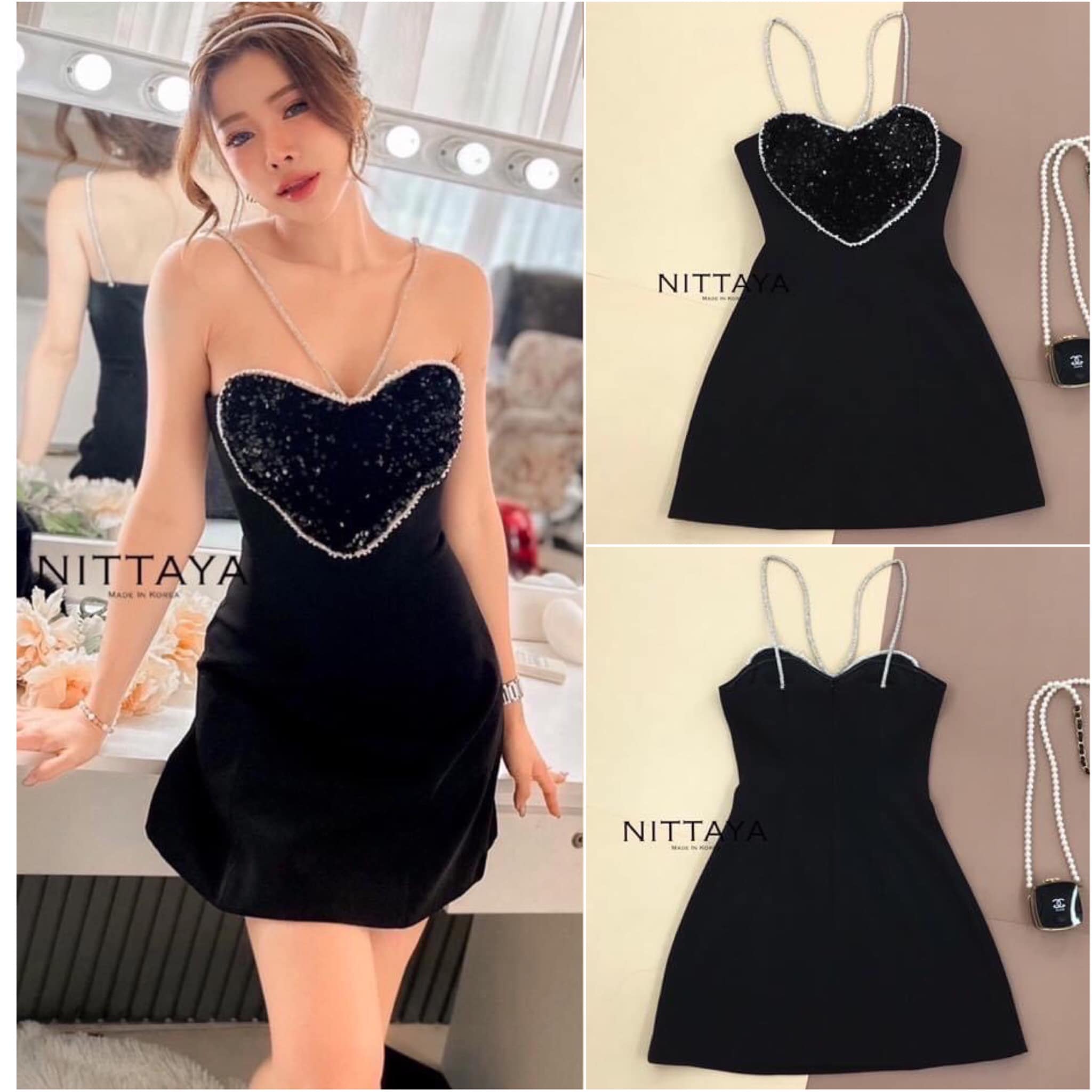 เดรสดำสายเงินช่วงอกเป็นหัวใจวิบวับ หัวใจพ่องโต รุ่นนี้งานจริงสวยมาก สินค้าคุณภาพ (พร้อมส่ง)