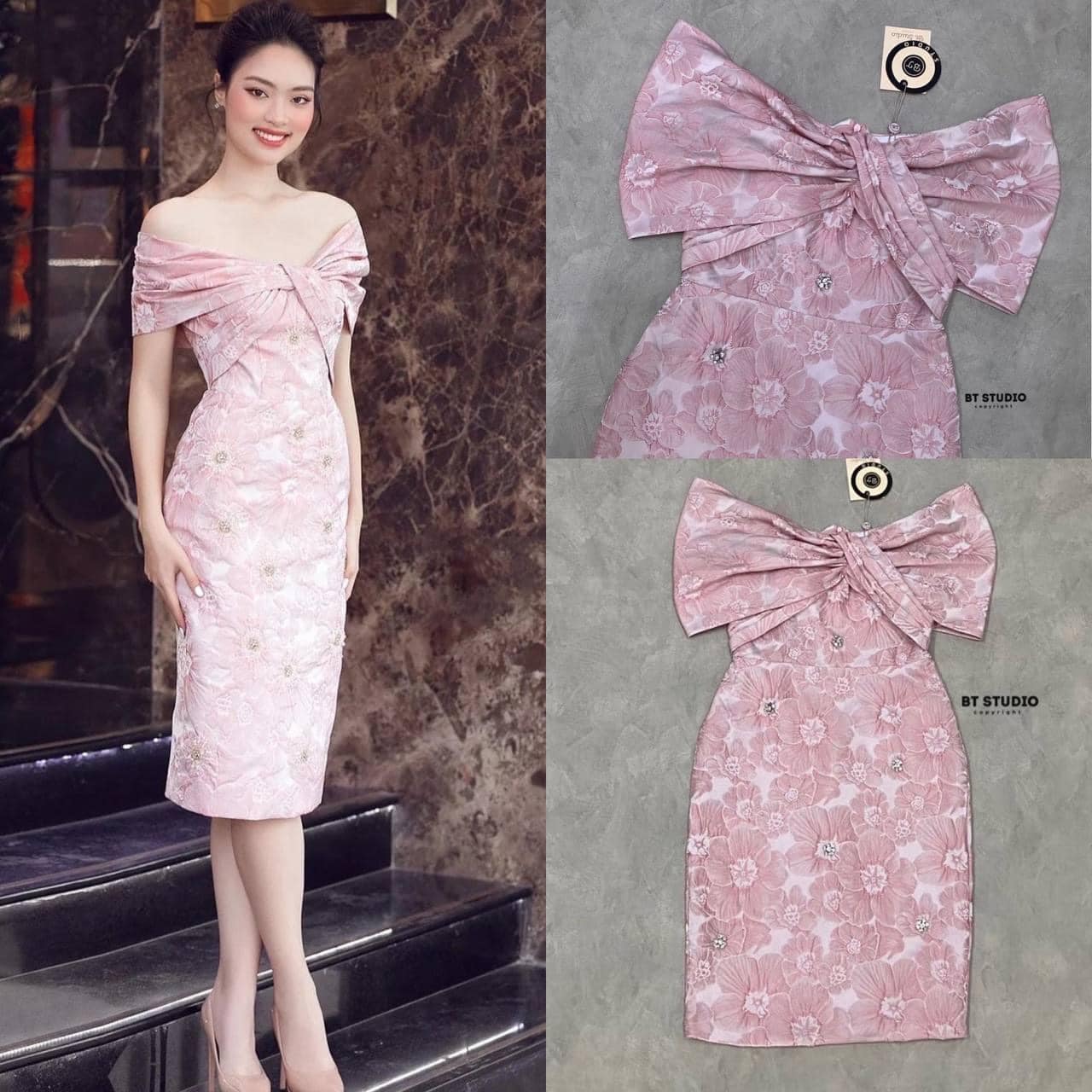 เดรสเกาะอกแต่งปาดไหล่ เนื้อผ้าทอลายดอกไม้สีชมพูสวยหวาน ตรงกลางลำตัวปักเพชร ด้านหลังผ่าหลัง งานเนื้อผ้าสวย 👍🏻 สินค้าคุณภาพ (พร้อมส่ง)