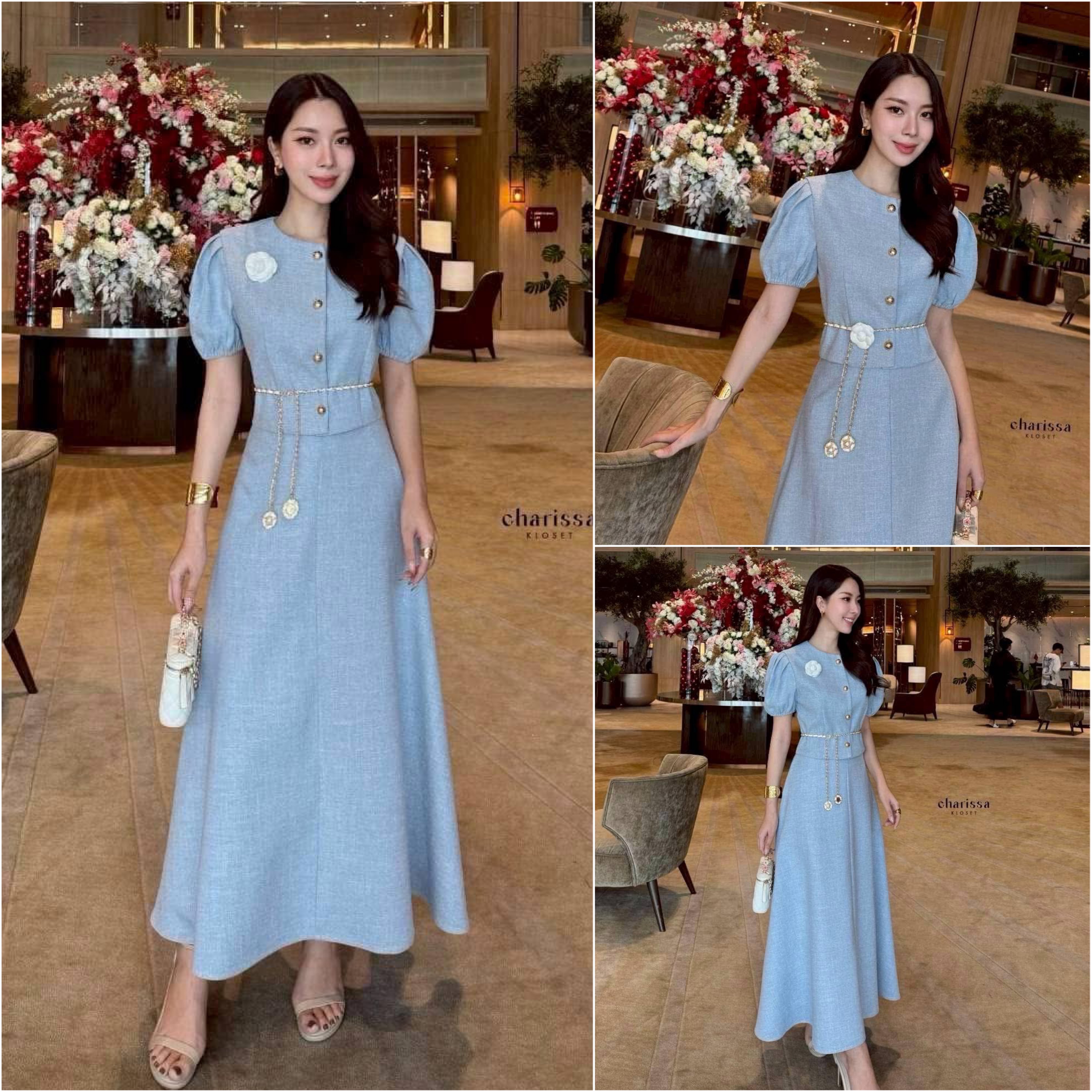 เซ็ทเสื้อแขนตุ้กตาน่ารักมาก แถมฟรีเข็มกลัดดอกไม้และเข็มขัดโซ่ ใส่สบาย : สินค้าคุณภาพ (พร้อมส่ง)