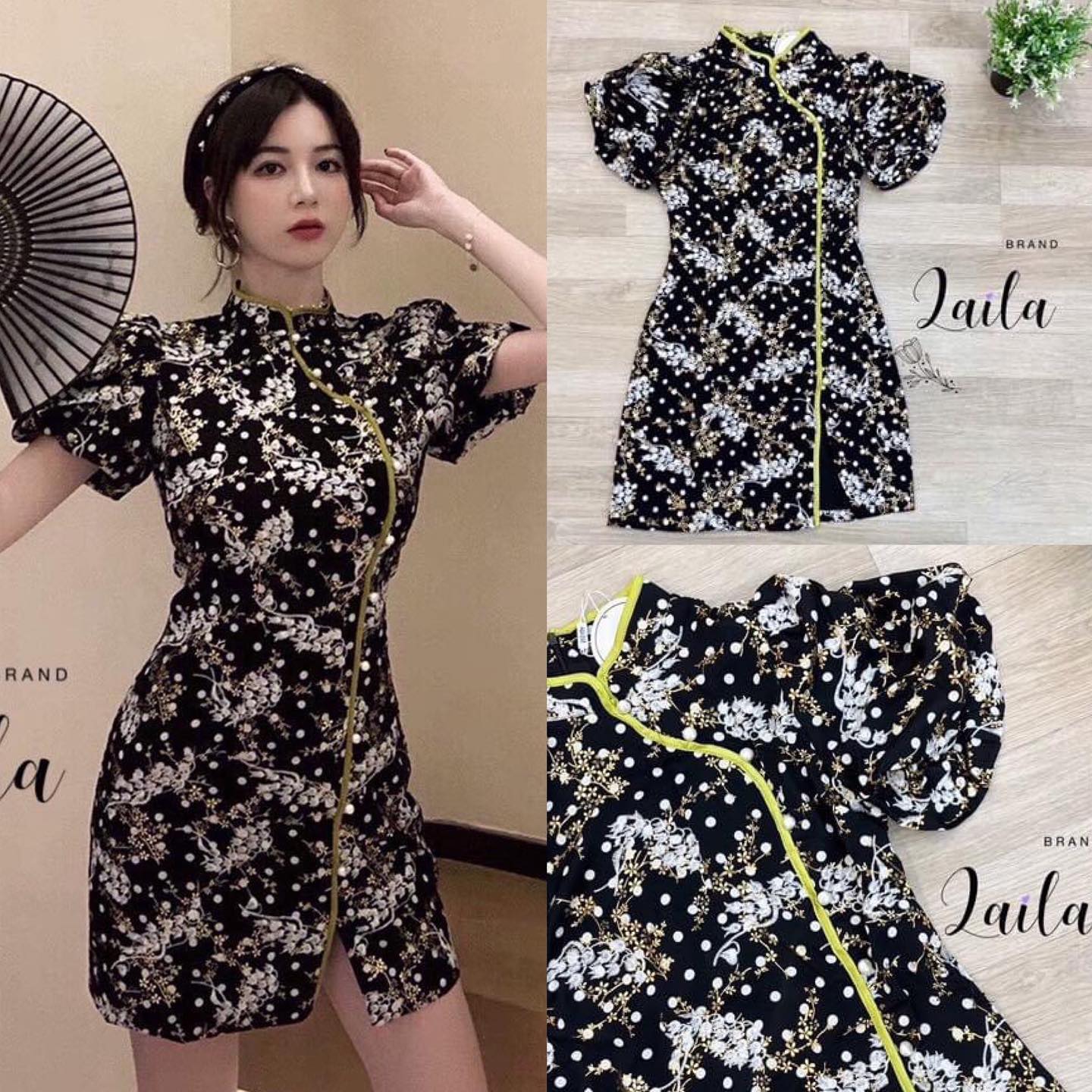 Dressกี่เพ้า ทรงคอจีนงานปัก ด้ายขาวลายดอกแน่นทั้งชุดสลับพิมพ์ ดิ้นลายดอกสีทองสวยมากค่าาาา สินค้าคุณภาพ (พร้อมส่ง)