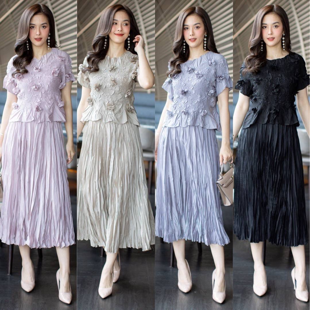 ชุดเซ็ทเสื้อ+กระโปรงอัดพลีทเปลือกไม้สุดเก๋ ใส่สบาย : สินค้าคุณภาพ (พร้อมส่ง)