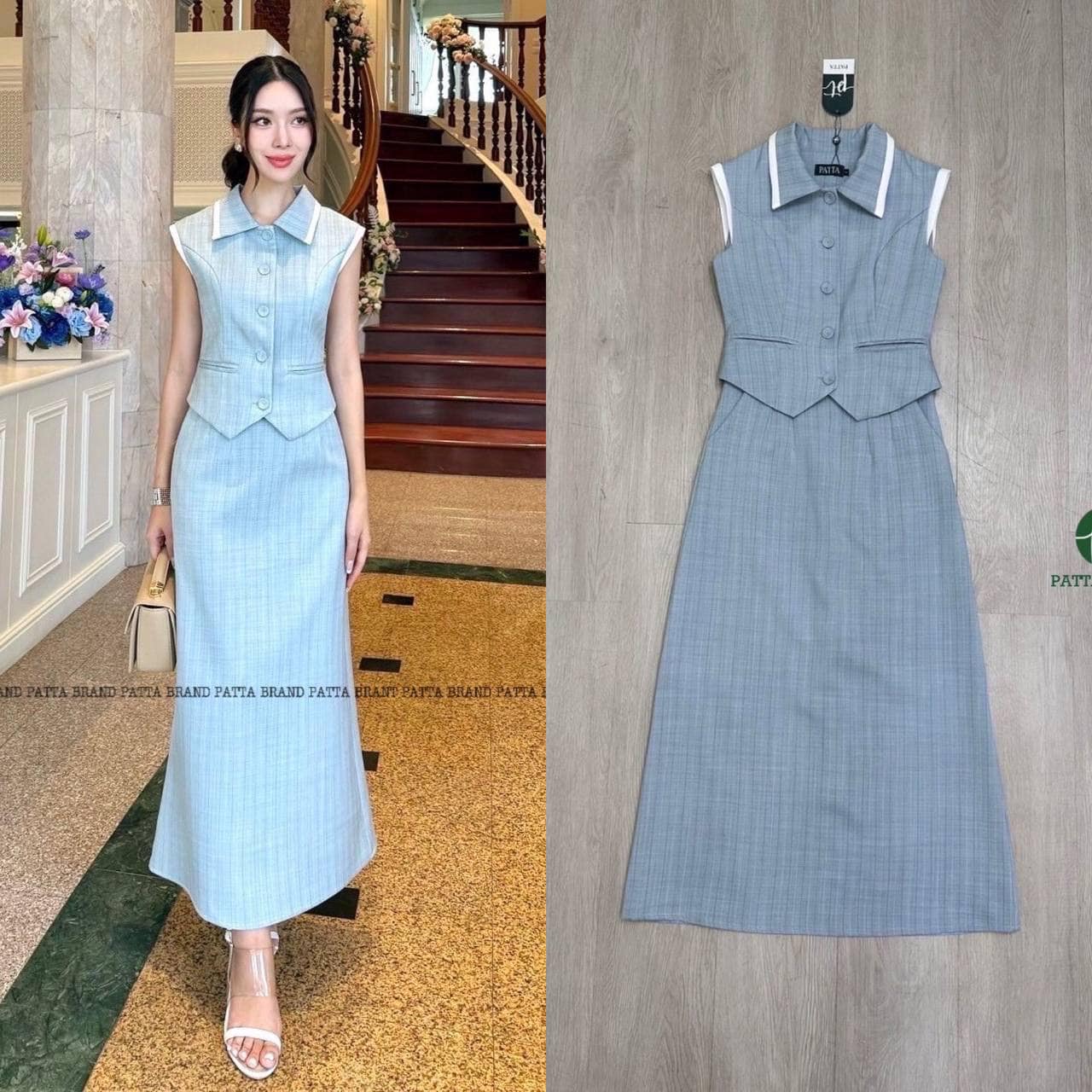 Set 2 ชิ้น เทาลายตารางเสื้อคอปกแขนล้ำ เย็บต่อปกขาว กุ๊นปลายแขนสีขาว อกมีกระดุมหน้า ใช้งานได้จริง แต่งปกกระเป๋าหลอกเก๋ๆ ดีไซน์สวย มากพร้อมกับกระโปรงยาวทรงตรงทรงสอบดีไซน์ผ่าหลัง ใส่สบาย : สินค้าคุณภาพ (พร้อมส่ง)