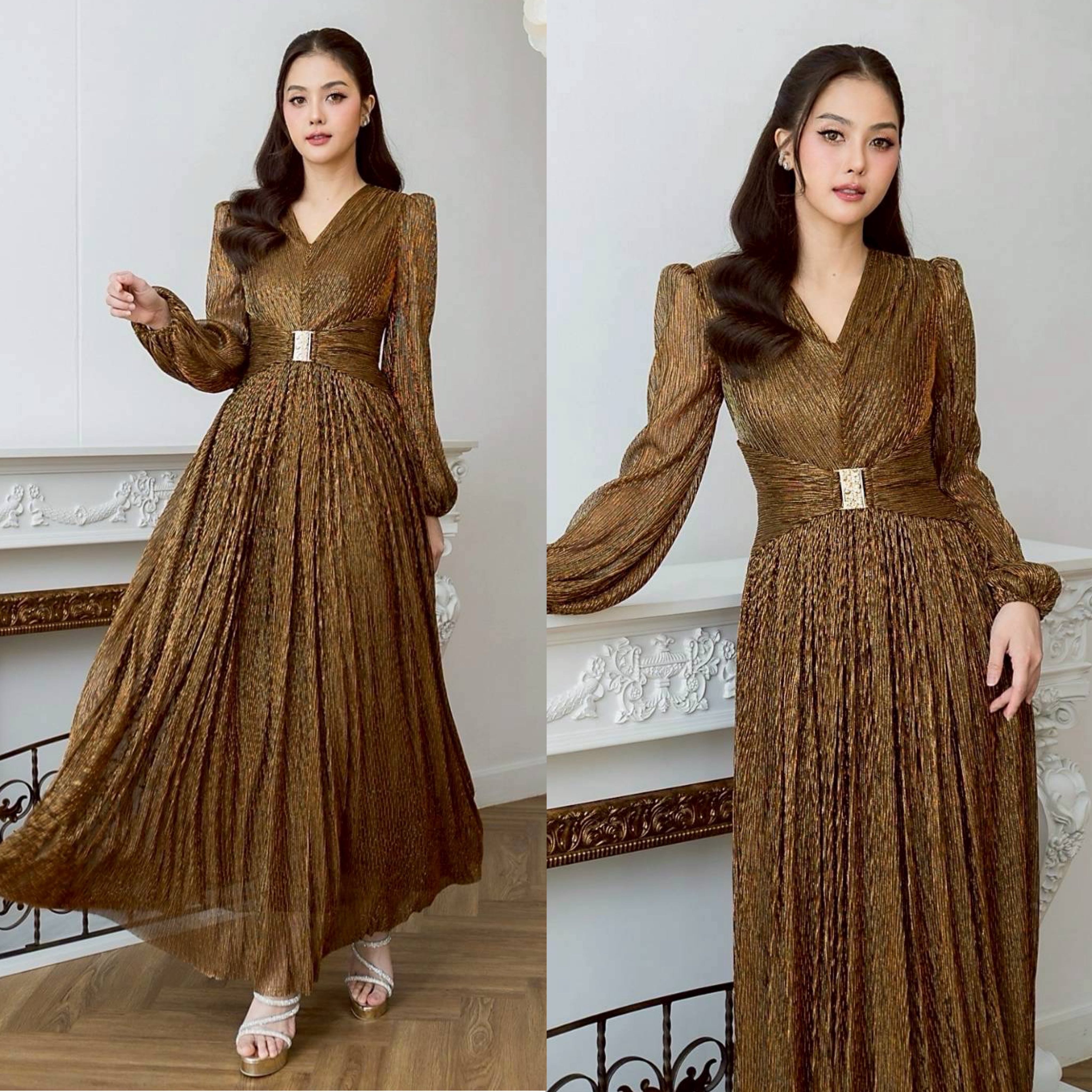 แม็กซี่เดรสเสื้อคอวีแขนยาว กระโปรงจีบรูดรอบตัว ☑️ดีเทลมีผ้าคาดเอว แต่งด้วยหัวเข็มขัดเพชรสีทอง ใส่สบาย : สินค้าคุณภาพ (พร้อมส่ง)