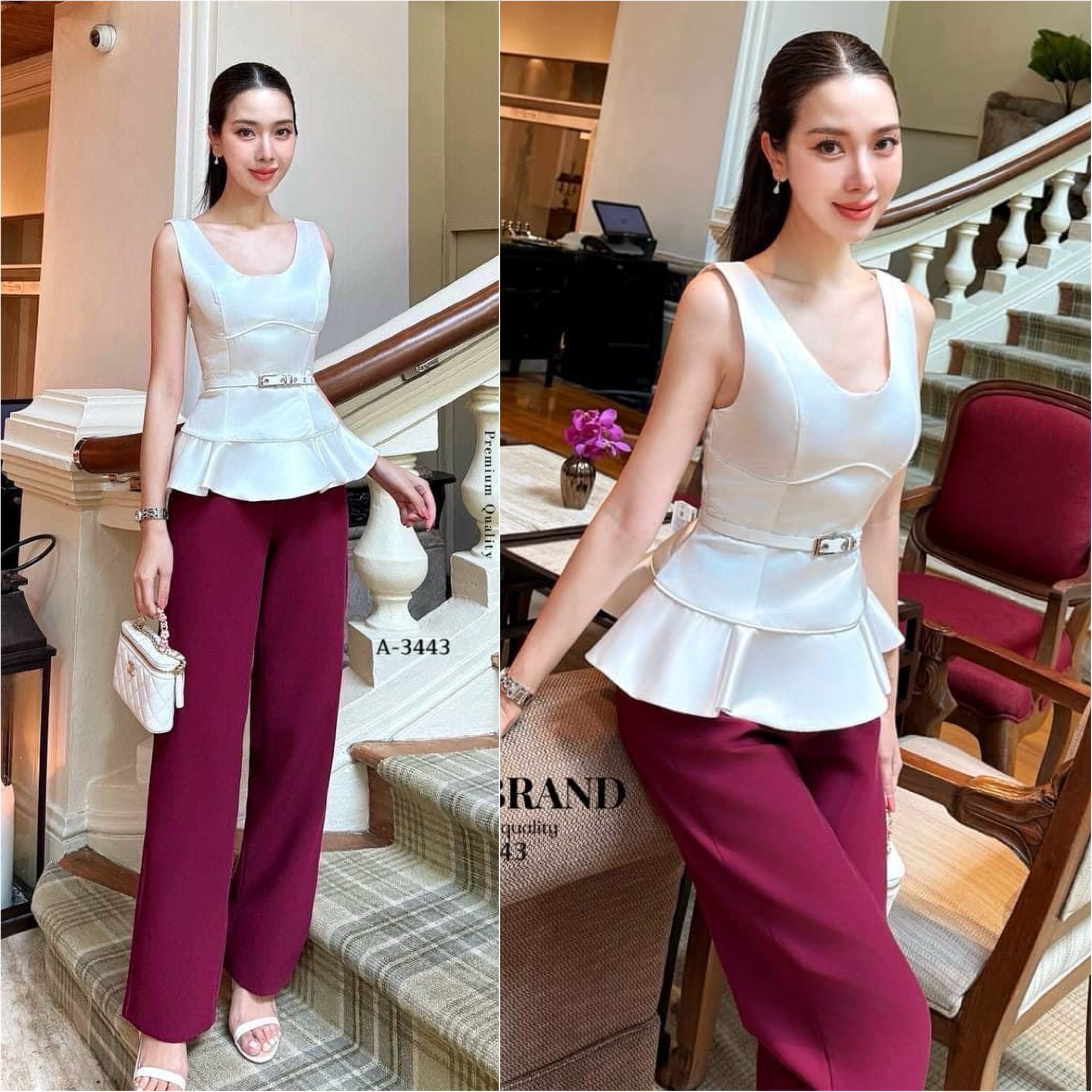 ชุดSet เสื้อแขนกุดทรงบาน งานซิบหลัง ช่วงอกเสริมฟองน้ำ มาคู่กับ กางเกงขายาว ทรงกระบอก มาคู่กับเข็มขัดด้วยนะคะ ใส่สบาย : สินค้าคุณภาพ (พร้อมส่ง)