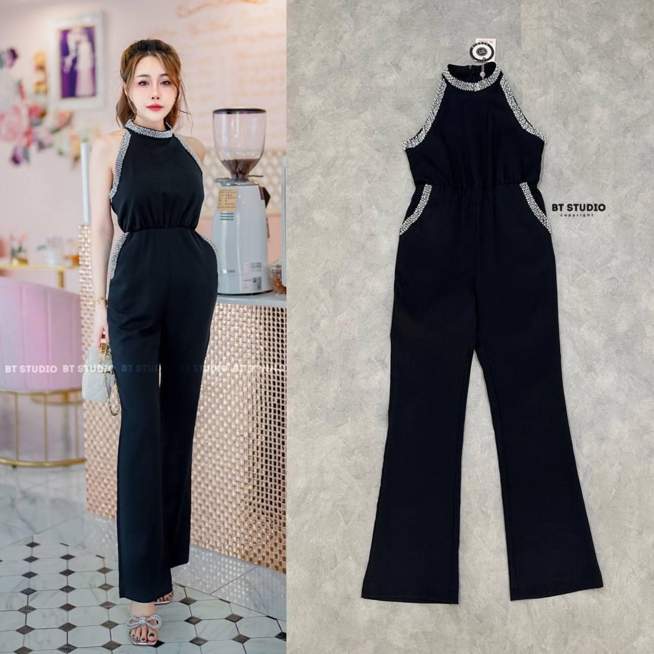 จั้มสูทแขนกุดขายาว ช่วงคอและแขน ด้านหน้าด้านหลัง กระเป๋ากางเกงปักมุขแน่น ๆ กระเป๋าใช้งานได้จริง สินค้าคุณภาพ (พร้อมส่ง)