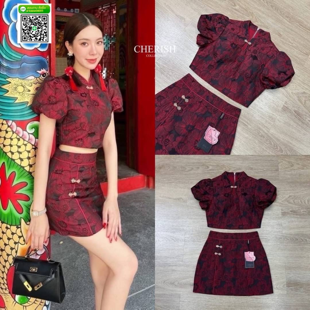 เซ็ทเสื้อคอจีน ติดกุ๊นสีทองช่วงคอแขนพองตั้ลร๊าก จับ แมทช์กระโปรงสั้นติดกุ๊นทองสวยมาก ใส่สบาย : สินค้าคุณภาพ (พร้อมส่ง)