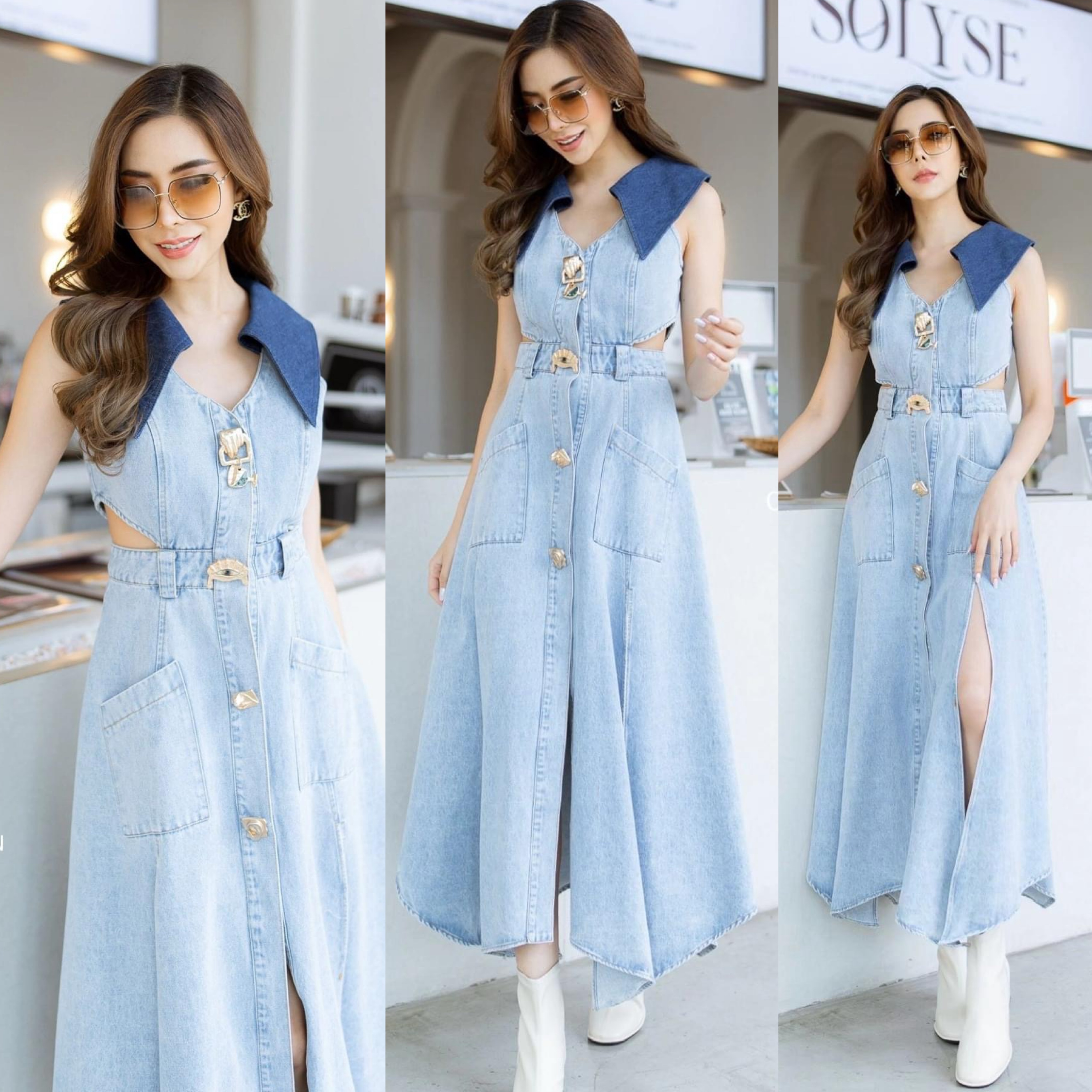 แม็กซี่เดียวรสยีนส์เว้าเอว ผ้ายีนส์ฟอกสี ตัวชุดช่วงบนเป็นทรงเข้ารูปแขนกุด ใส่สบาย สินค้าคุณภาพ (พร้อมส่ง)