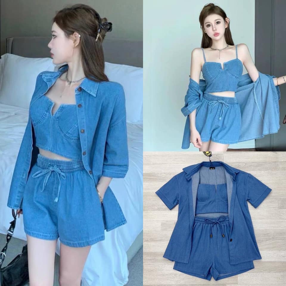 Set ยีน3ชิ้น ที่ใส่แล้วสวยมากก เสื้อสายเดี่ยวบราผ่าหน้าเสริทฟองน้ำ แมตเสื้อเชิ๊ตยีนกระดุมหน้่ แมตกางเกงขาสั้นเอวจั้ม ใส่สบาย : สินค้าคุณภาพ (พร้อมส่ง)