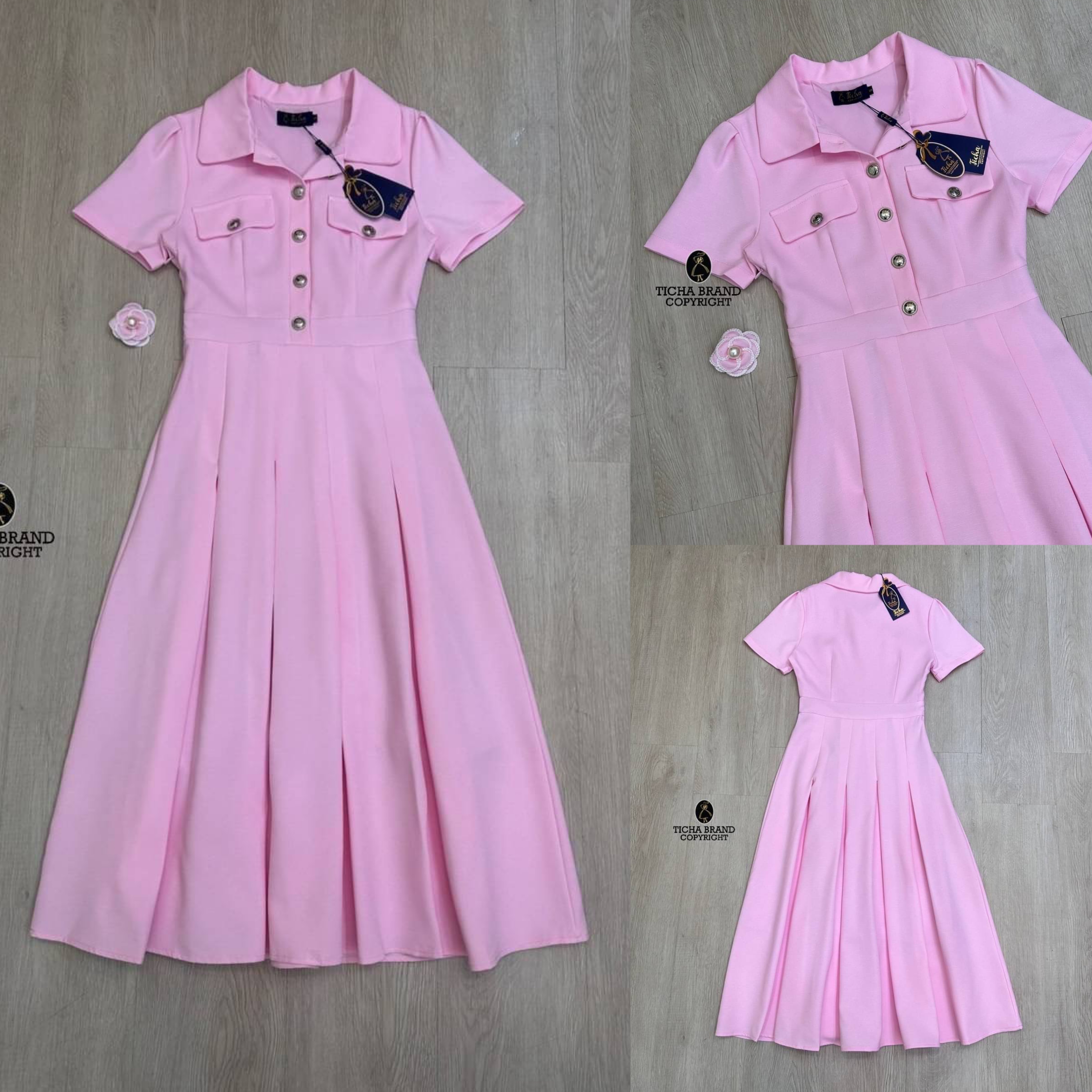 เดรสคอปกแขนสั้น ช่วงกระโปรงดีไซน์เย็บจับจีบรอบ มาคู่เข็มกลัดดอกไม้ติดที่คอน่ารักมากๆ สินค้าคุณภาพ (พร้อมส่ง)