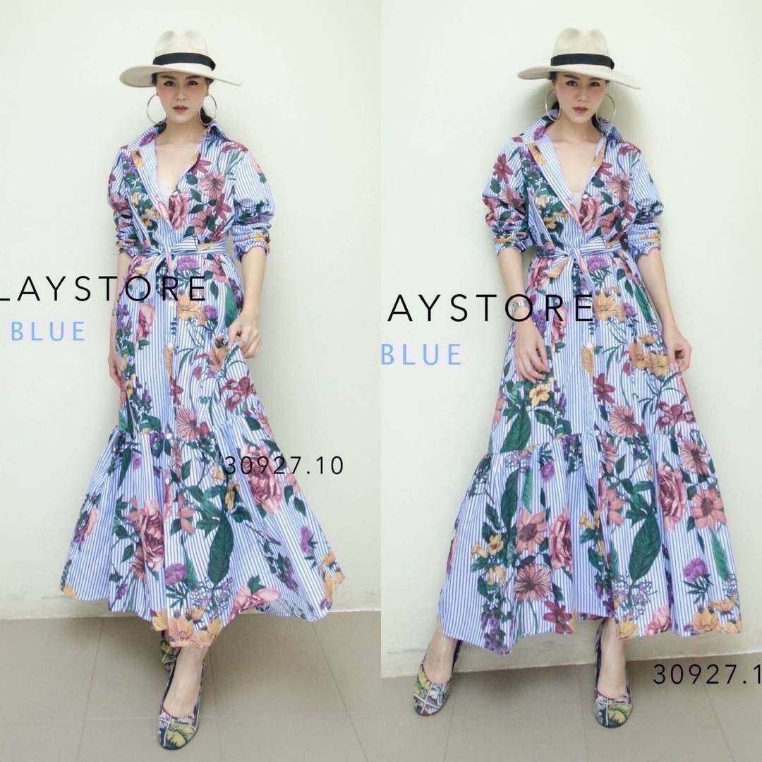 แมกซี่เดรสเชิ้ตตัวยาว ตีเกร็ดหน้าหลัง..ทรงเก๋ ลายริ้วทางลงและดอกไม้นานาพันธุ์ ใส่สบาย : สินค้าคุณภาพ (พร้อมส่ง)