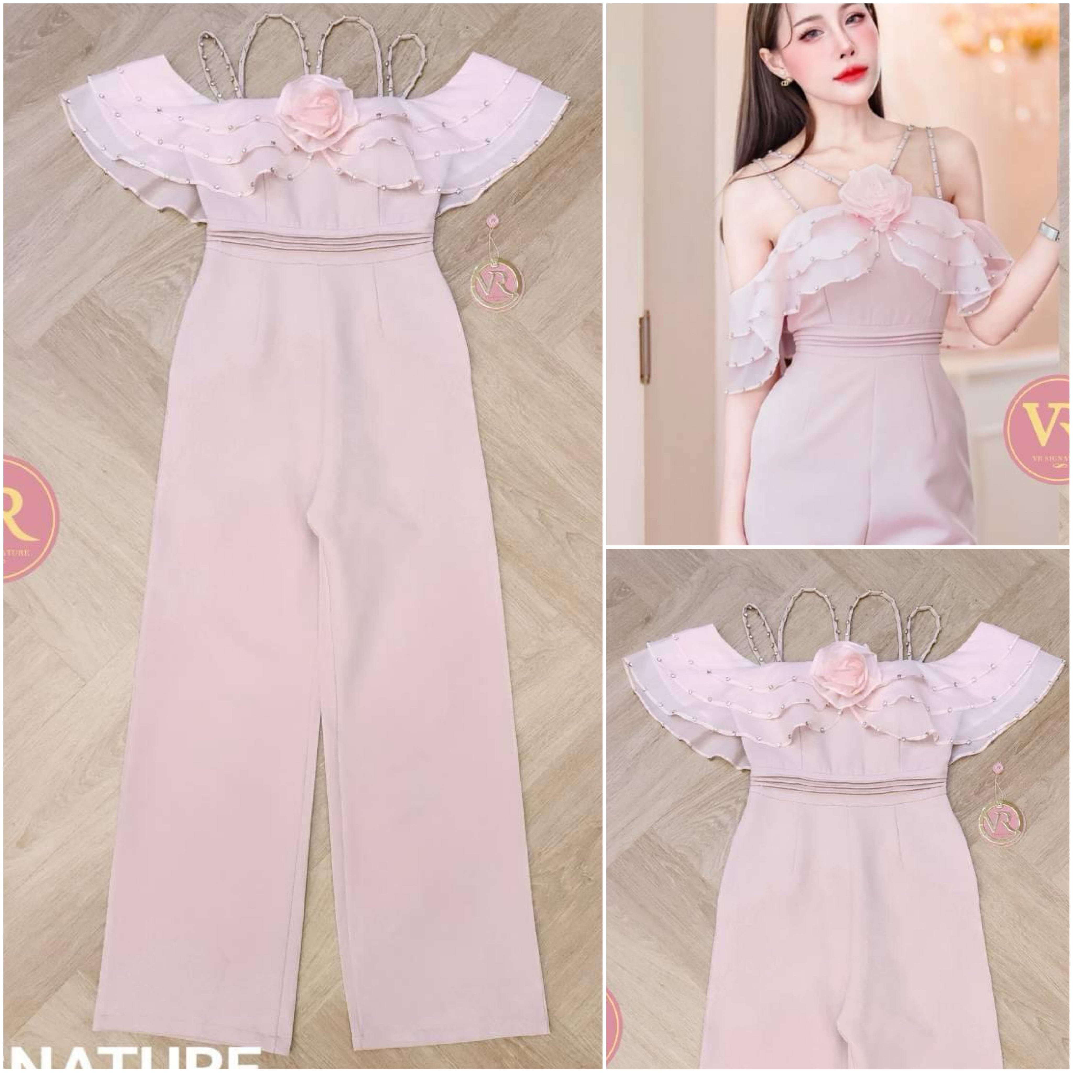 Jumpsuit ขายาว สายเดี่ยว แต่งแขน ระบายชั้น แต่งตอกเพชรช่วงสายและระบาย ด้านหน้า-หลัง มีฟองน้ำจัดทรงให้ค่า แต่งเข็ม กลัดดอกไม้ช่วงอก สินค้าคุณภาพ (พร้อมส่ง)