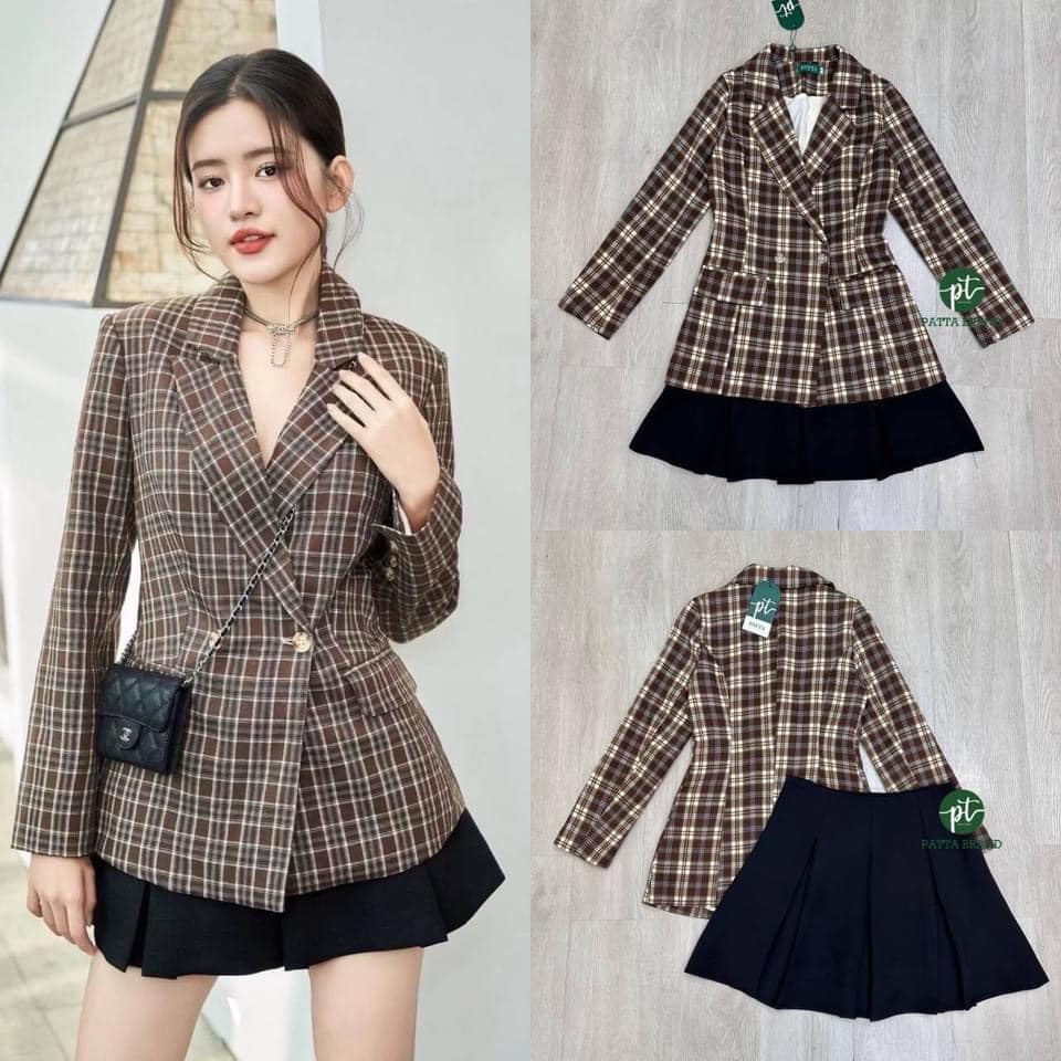 Set 2 ชิ้น เบลเซอร์ตัวยาวผ้าลายตาราง มีซับในทั้งตัว ชายเสื้อ แต่ง2ข้างใช้งานได้จริง ทรงสวยมาก มาพร้อมกับกระโปรงสั้น ใส่สบาย สินค้าคุณภาพ (พร้อมส่ง)