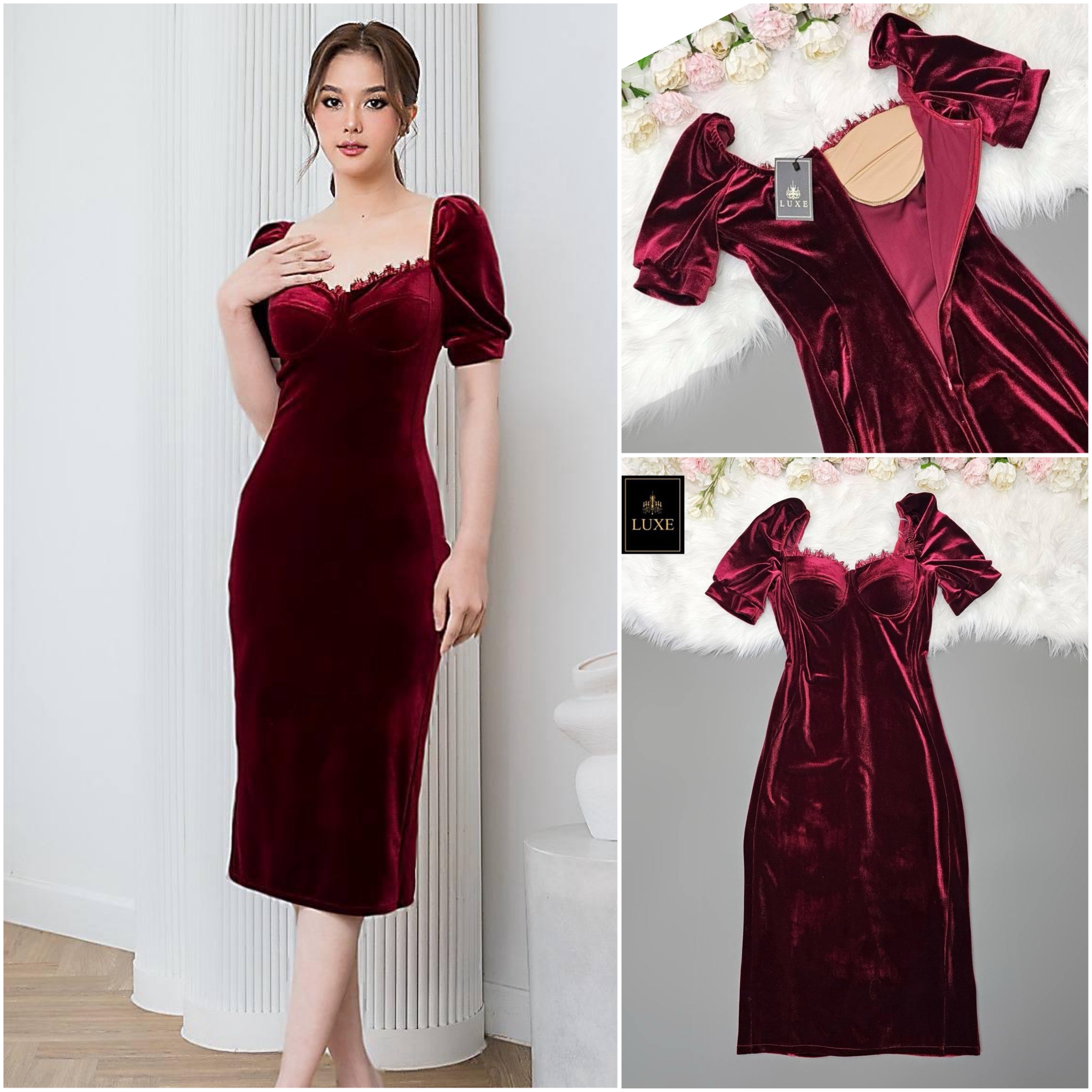 เดรสเสื้อคอกว้างแขนตุ๊กตา กระโปรงทรงสอบ ตรงอกเสื้อมีโครง แต่งด้วยลูกไม้เชิงเพิ่มความเซ็กซี่feminine ใส่สบาย : สินค้าคุณภาพ (พร้อมส่ง)