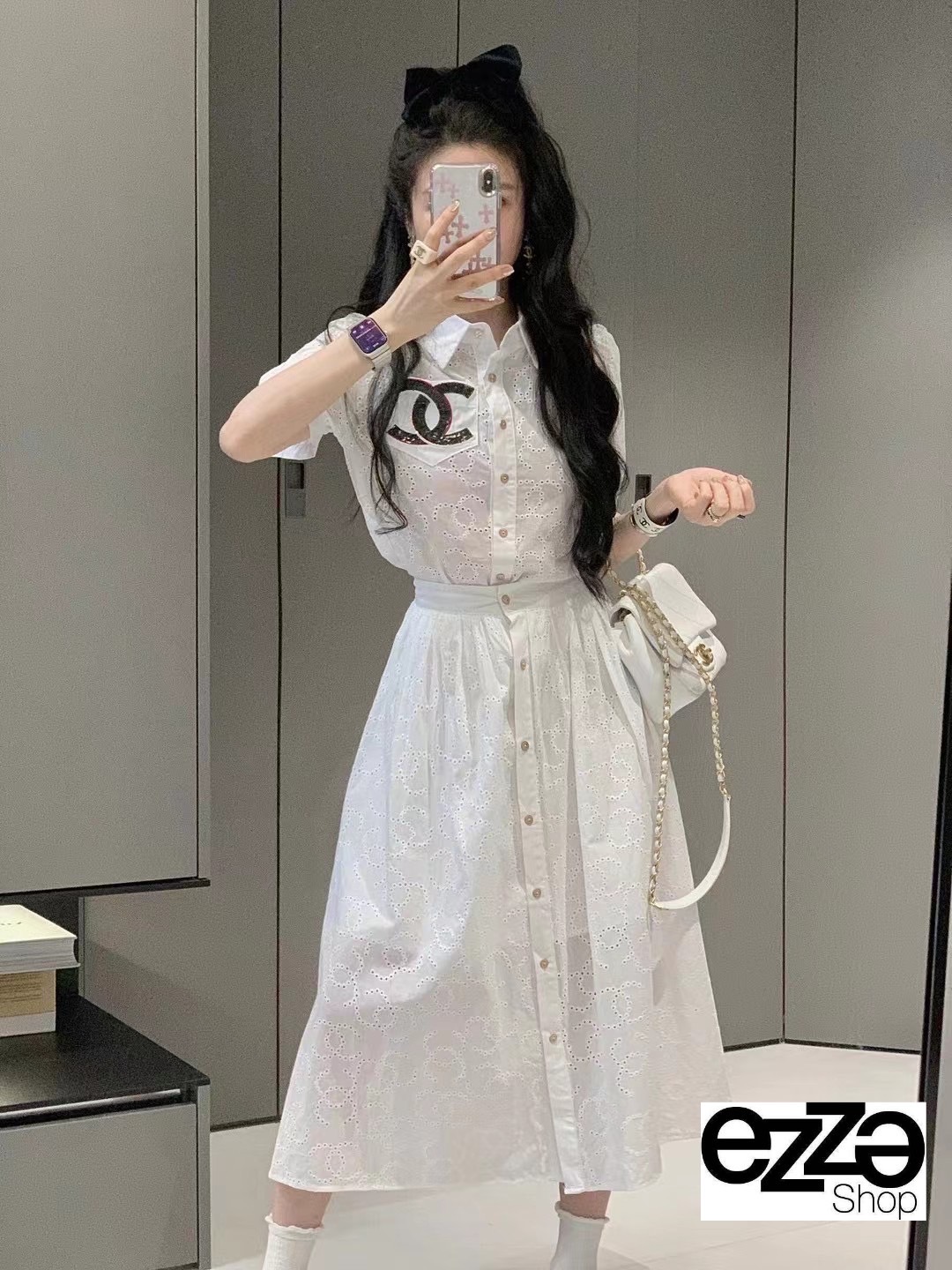 ชุดเซตเสื้อลูกไม้ฉลุ ลาย ปัก CC logo ผ้าสวยมาก ใส่เข้าชุดกระโปรง ผ้าลูกไม้ฉลุลาย ใส่เข้าชุด สวยเรียบหรู งาน ไฮเอ็น : สินค้าคุณภาพ (พร้อมส่ง)