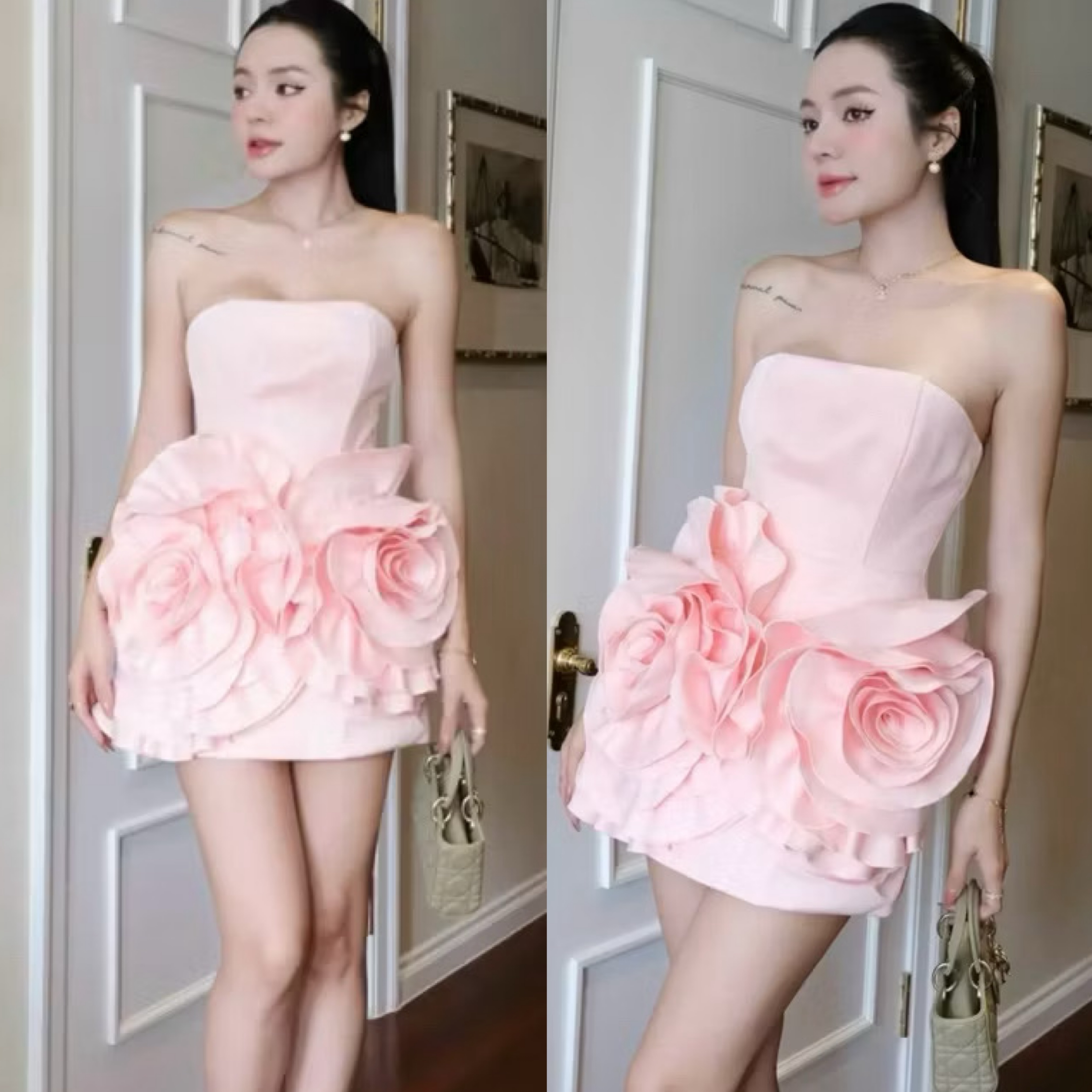 Dress เกาะอก แต่งขอบซิลิโคนกันลื่น อกมีฟองน้ำจัดทรงให้ค่ะ เอวเข้ารูป ช่วงกระโปรงแต่งดอกไม้ 3D ดอกใหญ่ ใส่สบาย : สินค้าคุณภาพ (พร้อมส่ง)