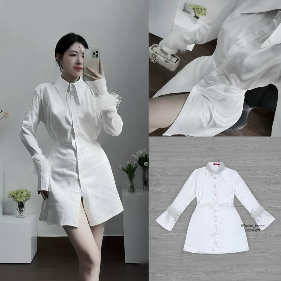 มินิเดรสสีขาวแต่งขนนก ใส่สบาย สินค้าคุณภาพ (พร้อมส่ง)