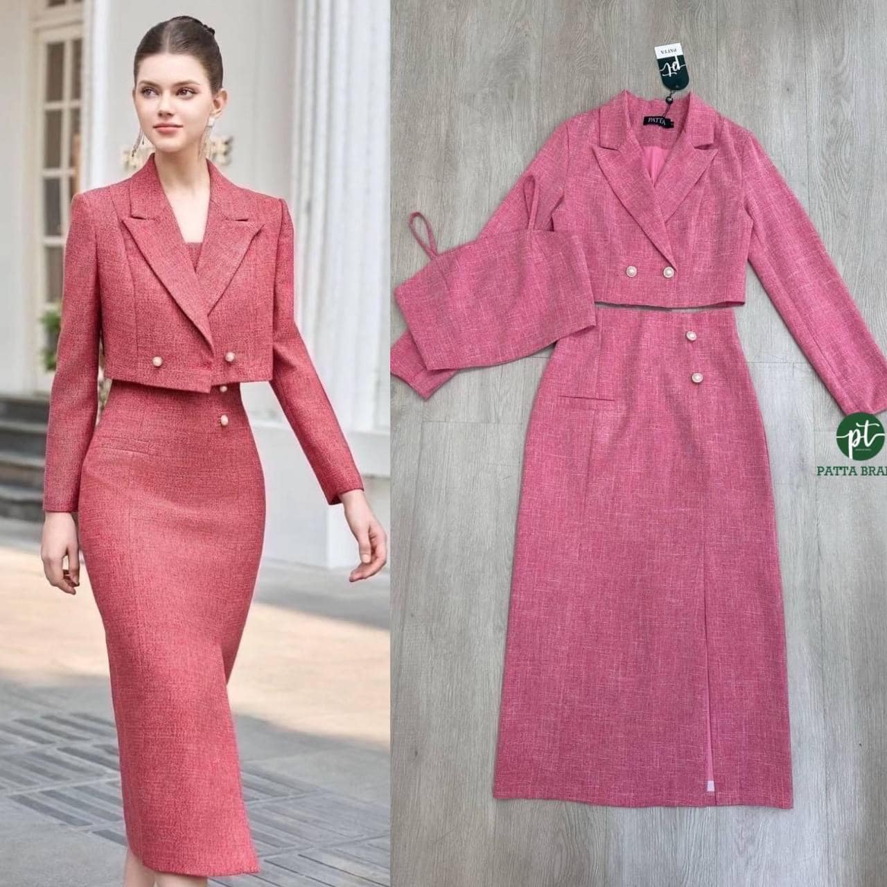 ชุดเซต3ชิ้น สีชมพู เสื้อเบลเซอร์ ตัวสั้นแขนยาว ด้านแต่งกระดุมมุก2เม็ดใช้งานได้ จริง และมาคู่กับเสื้อครอปสั้นสายเดี่ยวตัวใน มีซิป หลังสวยครบเซตมากๆ มาพร้อมกระโปรงทรงสอบ (ซิปหลัง) ใส่สบาย สินค้าคุณภาพ (พร้อมส่ง)