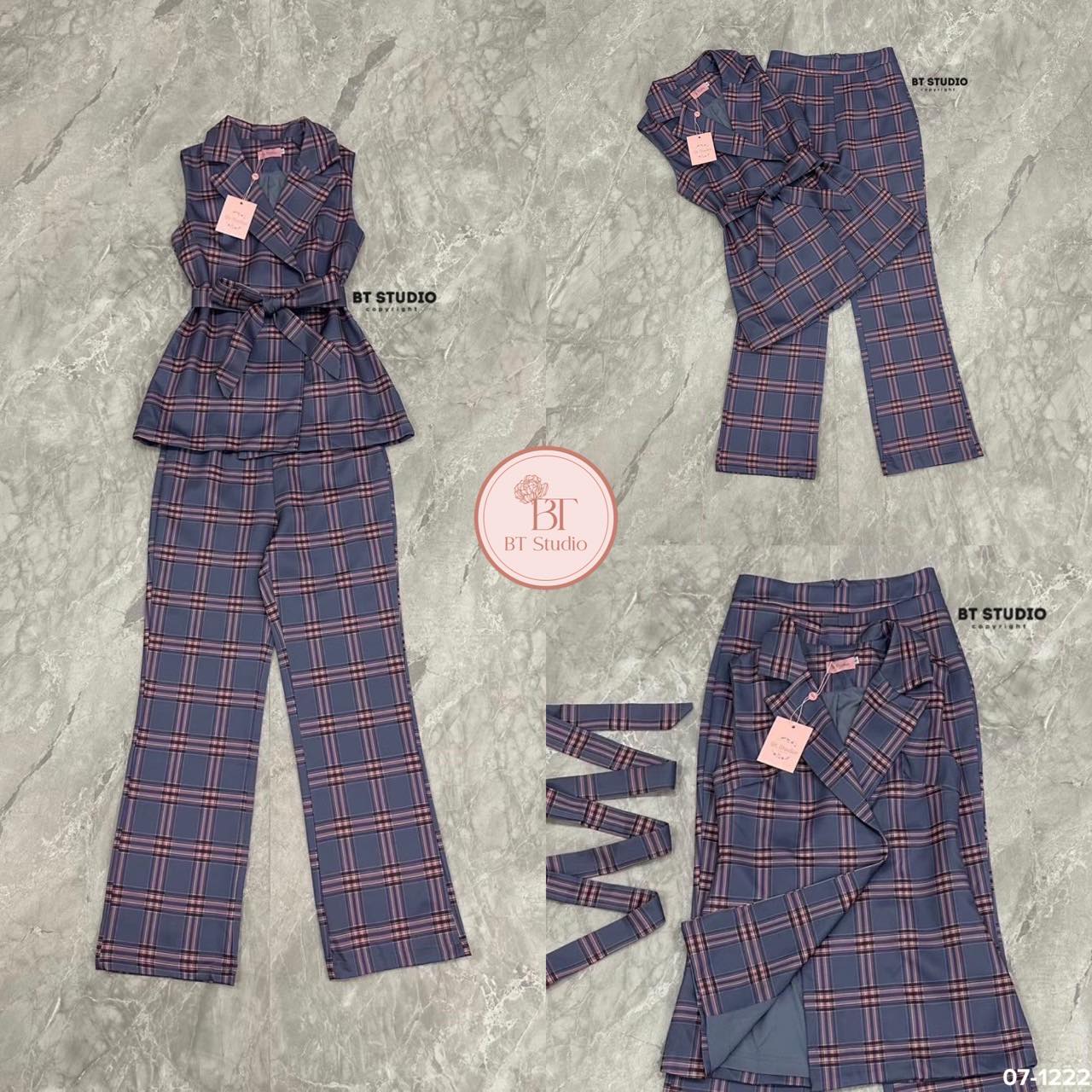 เซท 3 ชิ้น เสื้อเบเซอร์แขนกุดคอปก มาพร้อมสายคาดเอว แมทซ์กับกางเกงขายาว สินค้าคุณภาพ (พร้อมส่ง)