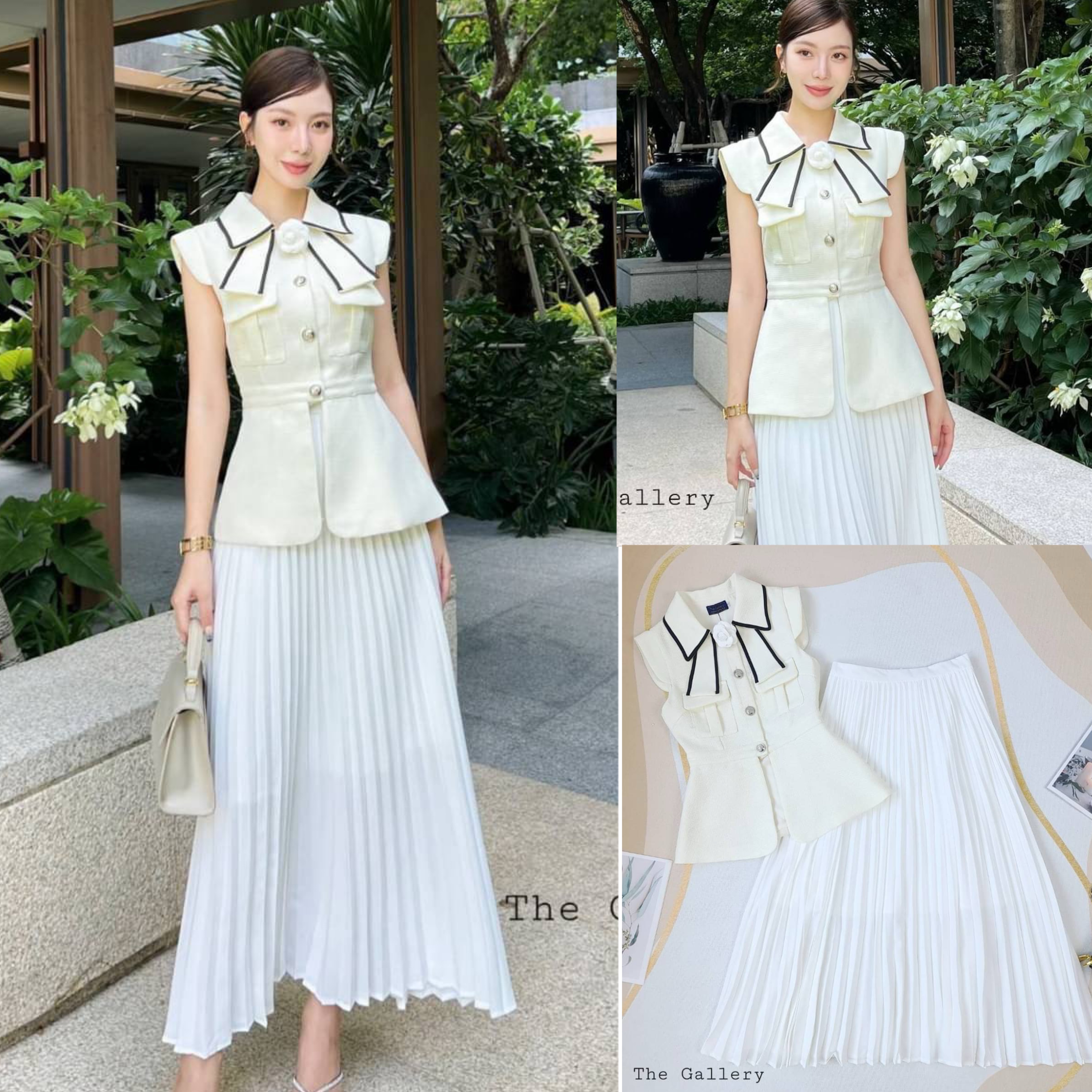 เซ็ต3ชิ้นเสื้อและกระโปรงอัดพลีต+เข็มกลัดดอกไม้เข้าชุด มาพร้อมซับในทั้งเสื้อและกระโปรง สินค้าคุณภาพ (พร้อมส่ง)