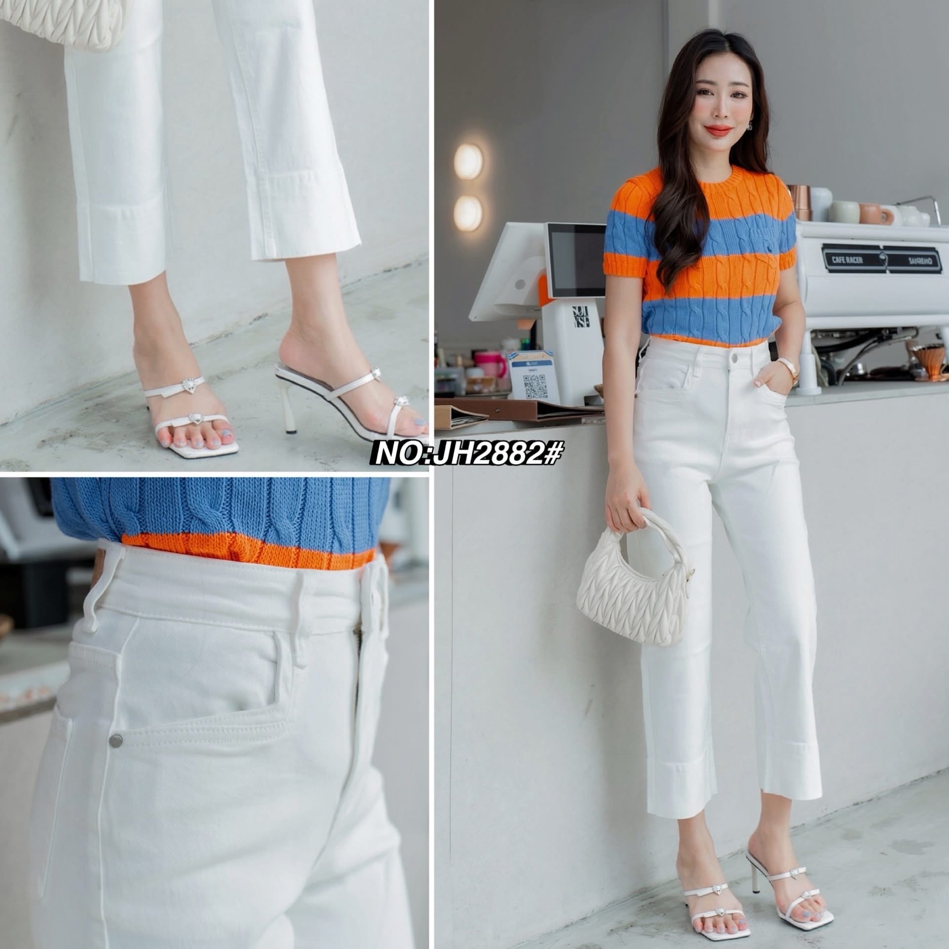 กางเกงยีนส์สีขาวขา8ส่วน ทรงมาใหม่คะ ทรงนี้ปีนี้มาแรงมากค่ะ ทรงเรียบๆ ปลายขาเย็บ ปลายขากว้าง เก๋มากๆ เอวสูง ใส่ดูเพรียวมาก(ผ้ายืด) ใส่สบาย : สินค้าคุณภาพ (พร้อมส่ง)