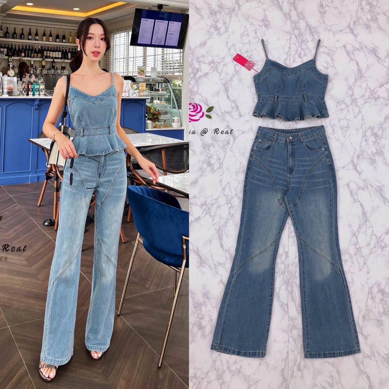 Set :: เสื้อสายเดี่ยวตัวสวยทรงดี คอวีสวย ท่อนเอวระบาย มาเข้าชุดพร้อมกับ กางเกงขายาวตัวสวย : สินค้าคุณภาพ (พร้อมส่ง). .