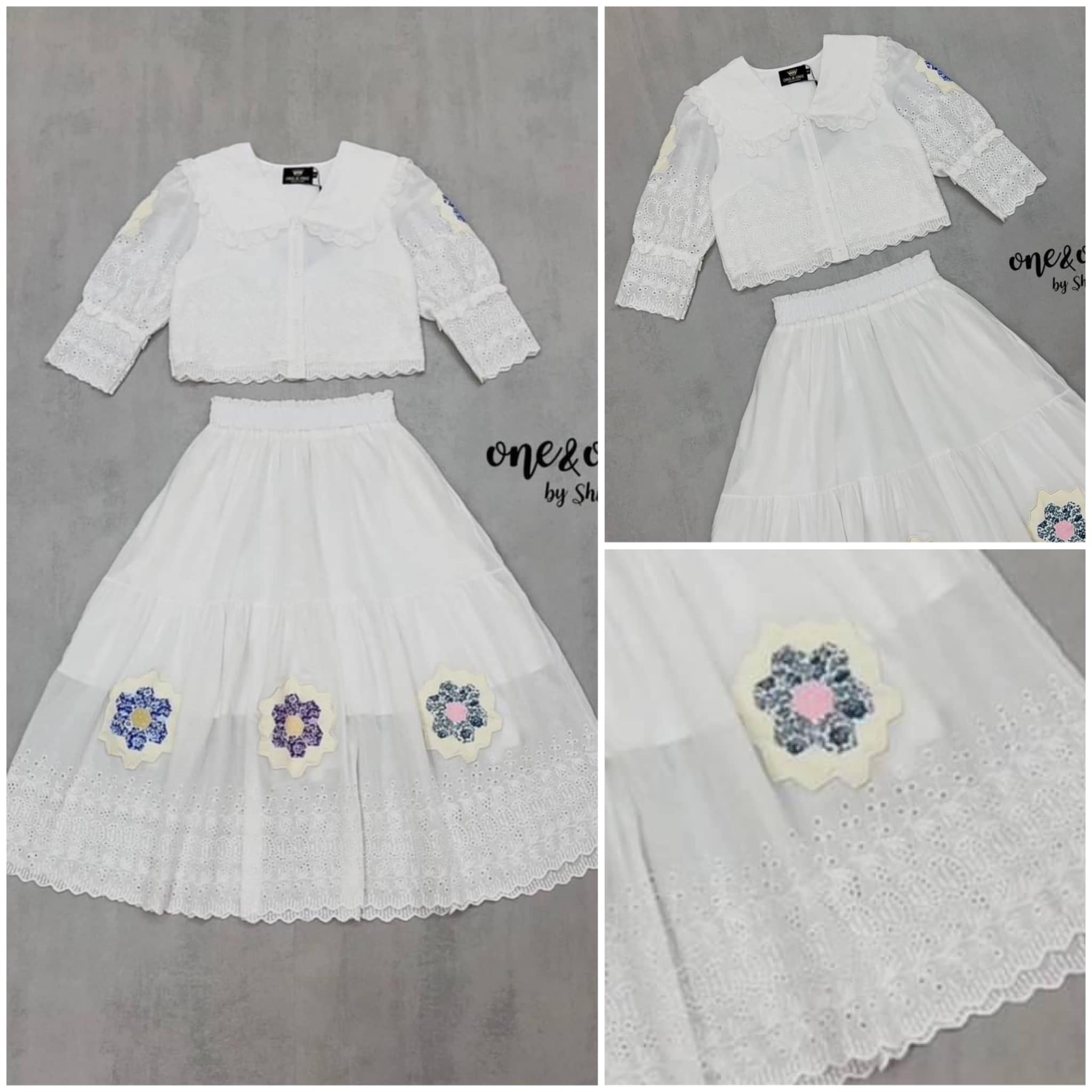 เสื้อครอปคอตตอนปักและฉลุลาย แต่งดอกไม้ที่แขน แมทช์ คู่กับกระโปรง เอวสม็อคตัดต่อแพท เทิร์นสองเลเยอร์ปักและฉลุลายตกแต่งด้วย ดอกไม้ . สินค้าคุณภาพ (พร้อมส่ง) .