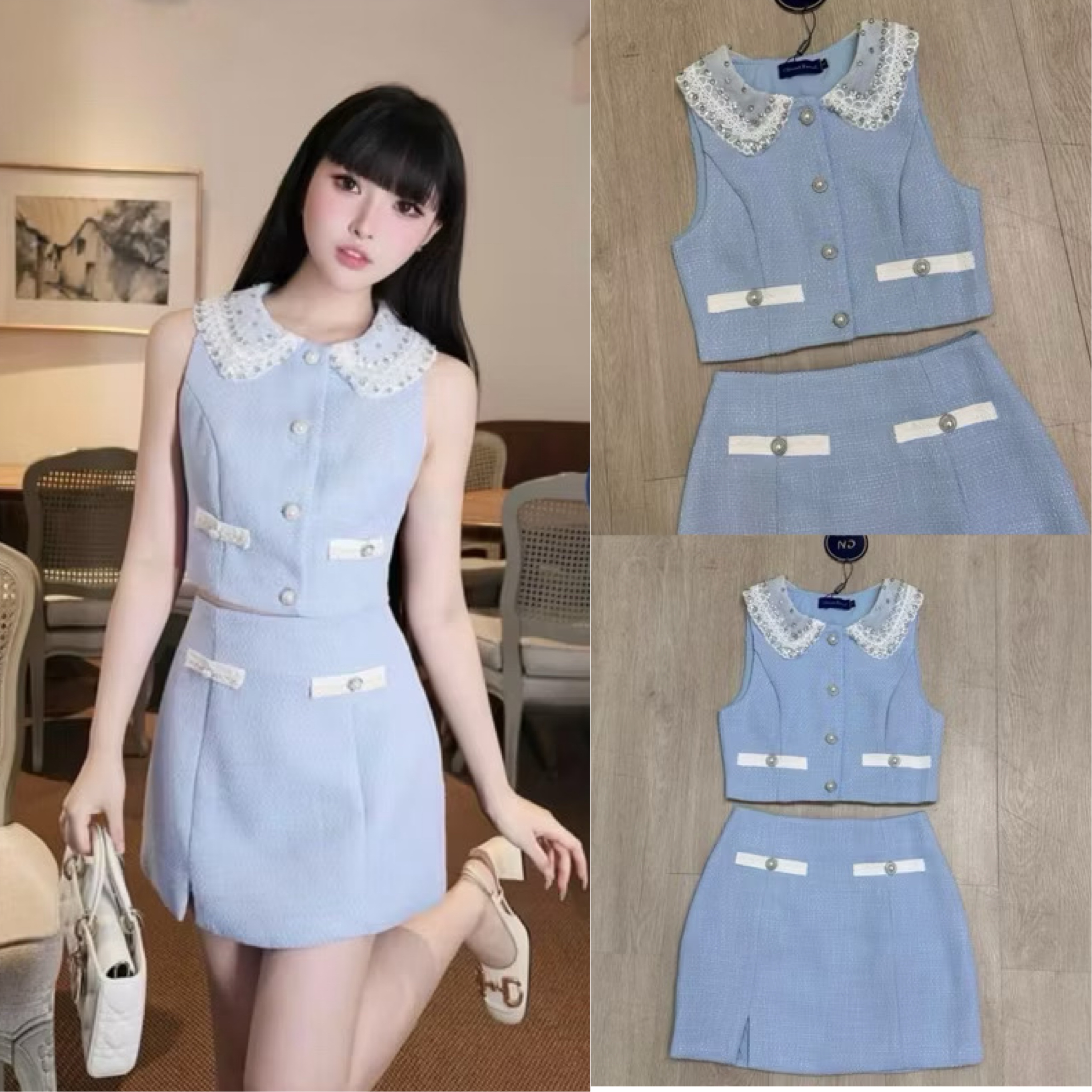 Set 2 ชิ้นสีฟ้าเนื้อผ้ามีเทกเจอร์ ตัวเสื้อครอปแขนกุดคอกลมดีไซน์แต่งปกคอบัวผ้าลูกไม้สีขาวติดอะไหล่เพชร+กับกระโปรงทรงเอ ใส่สบาย : สินค้าคุณภาพ (พร้อมส่ง)