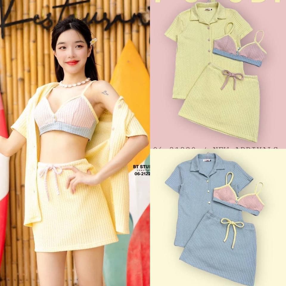 เซท 3 ชิ้น เสื้อคลอปสายเดี่ยวสั้น+กระโปรงสั้นแต่งผูกโบ ซับด้านใน+เสื้อเชิ้ตแขนสั้นกระดุมหน้า สินค้าคุณภาพ (พร้อมส่ง)