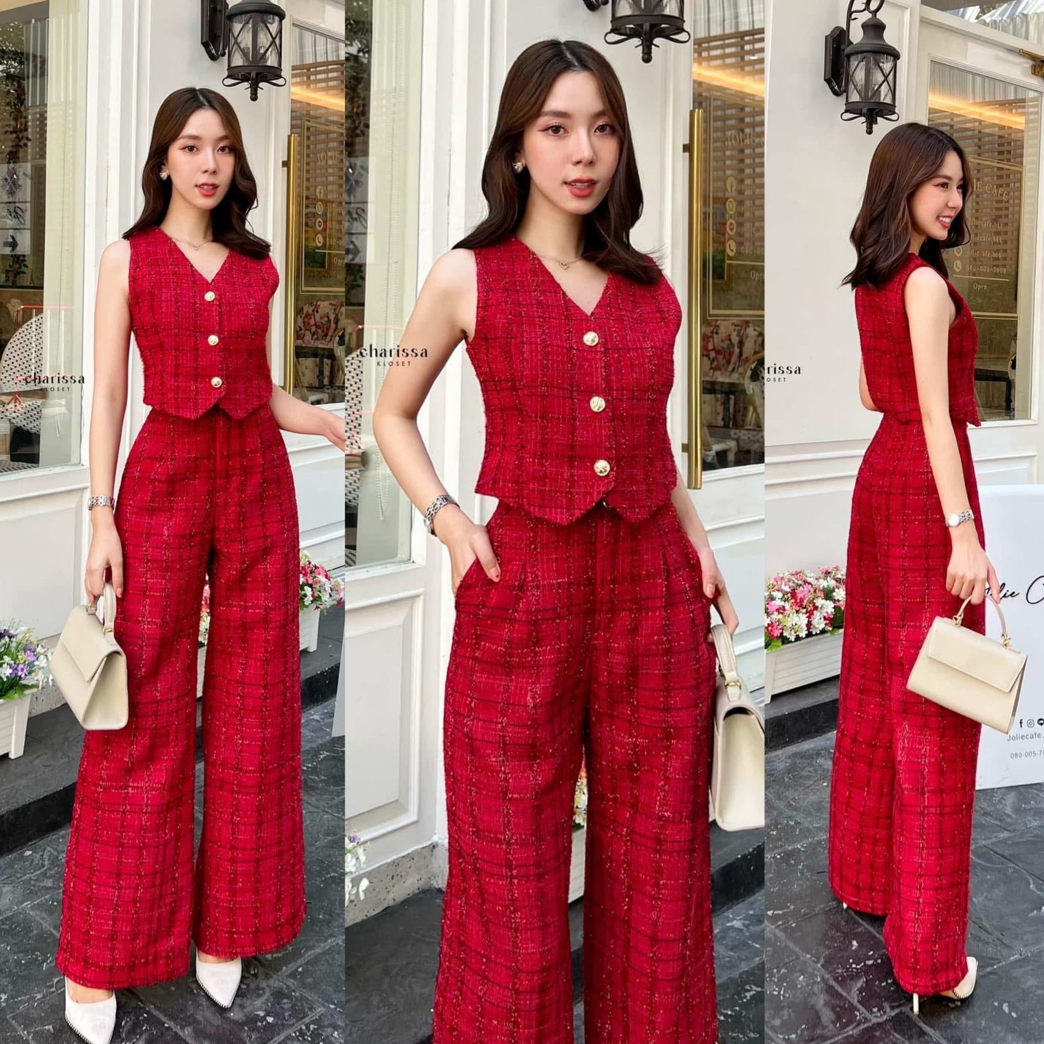 เซ็ทเสื้อแขนกุดลายสก้อตแดงสลับดำทรงเข้ารูป เข้ารูปมาพร้อมกับกางเกงขายาว ทรงปล่อย ใส่สบาย : สินค้าคุณภาพ (พร้อมส่ง)