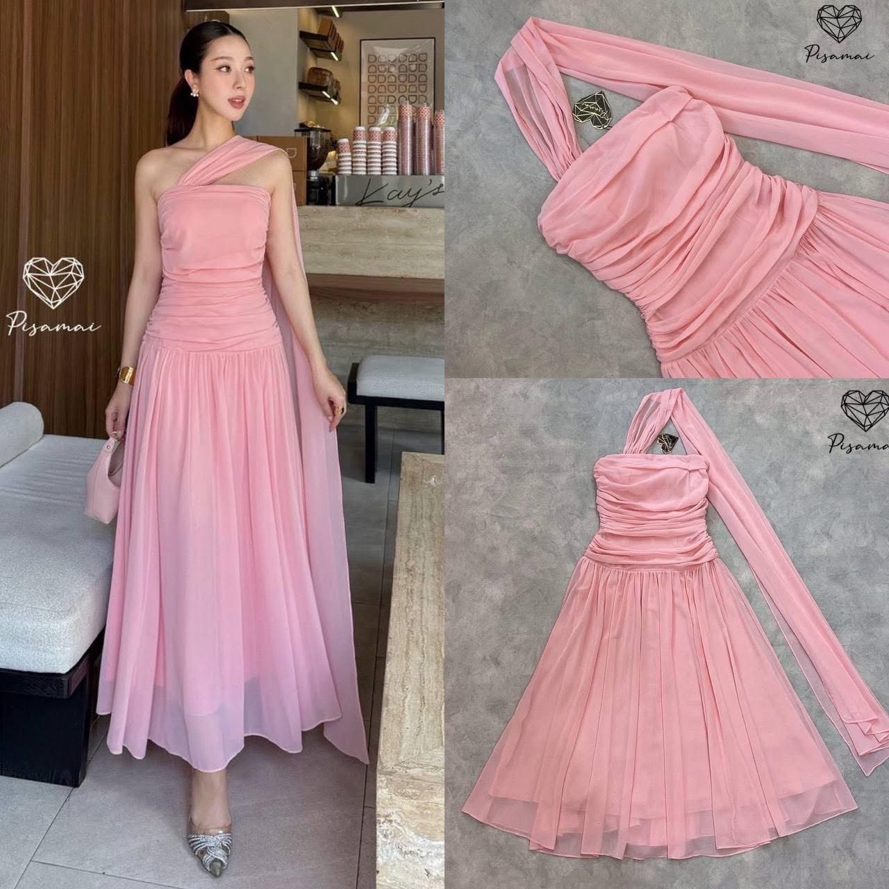 เดรสสีชมพูตัวบานทรงพาดไหล่ไปงาน สวย ราชนิกูลมากก ใส่สบาย : สินค้าคุณภาพ (พร้อมส่ง