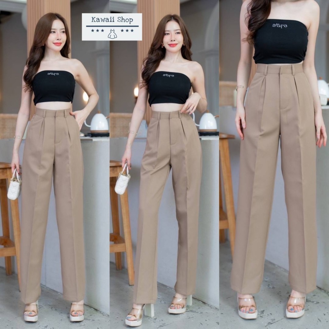 กางเกงขายาว ทรงกระบอกกลาง ดีเทลจีบหน้าทวิส ซิปหน้า กระเป๋าข้าง ผ้าพอลลี่ ใส่สบาย : สินค้าคุณภาพ (พร้อมส่ง)