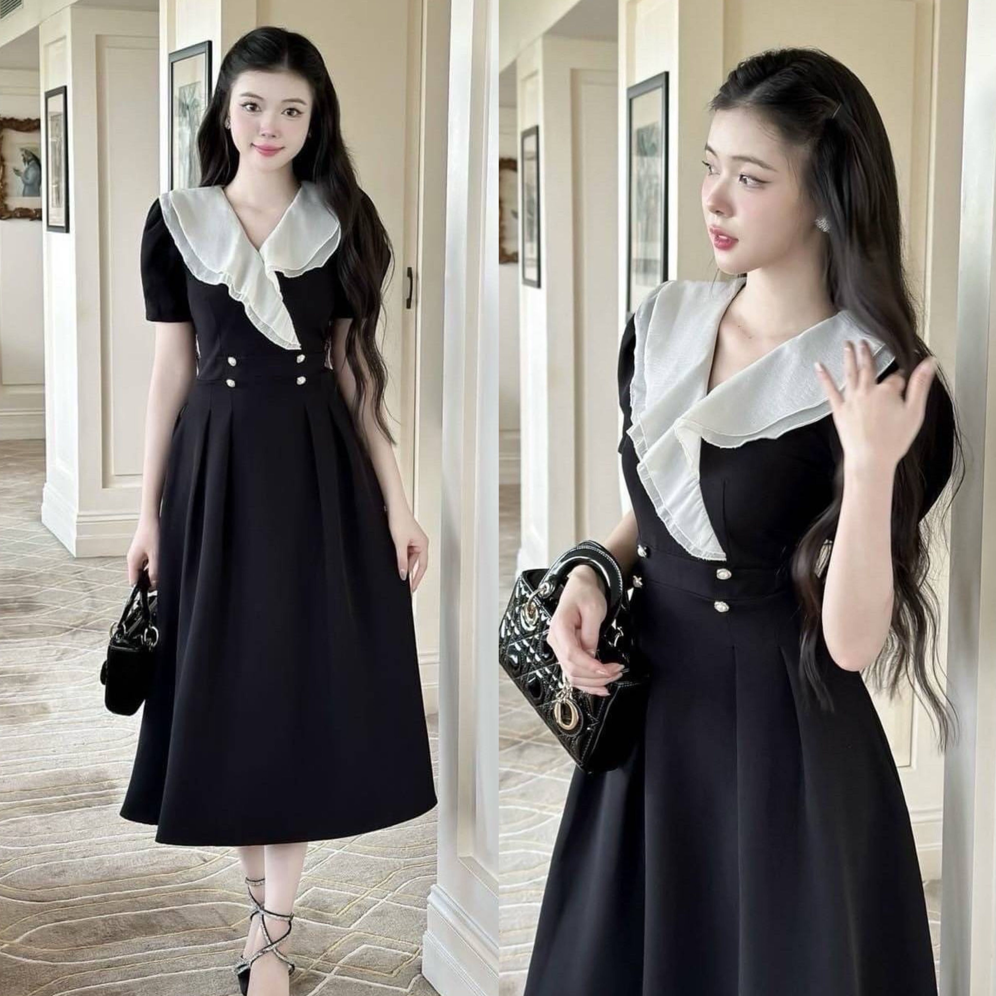 เดรสยาวสีดำดีไซน์คอวีแต่งปกใหญ่ ระบายด้วยผ้าชีฟองสีครีมสองชั้นแขนสั้นจับจีบ ยกบ่า ด้านหน้าช่วงเอวแต่งกระดุมมุกคู่สีขาว ( มีซิปหลังซ่อนอย่างดี ) ช่วงกระโปรงจับจีบช่วง ต้นชายคลายทรงพริ้ว เนื้อผ้าดีมีซับในทั้งชุด ใส่สบาย : สินค้าคุณภาพ (พร้อมส่ง)